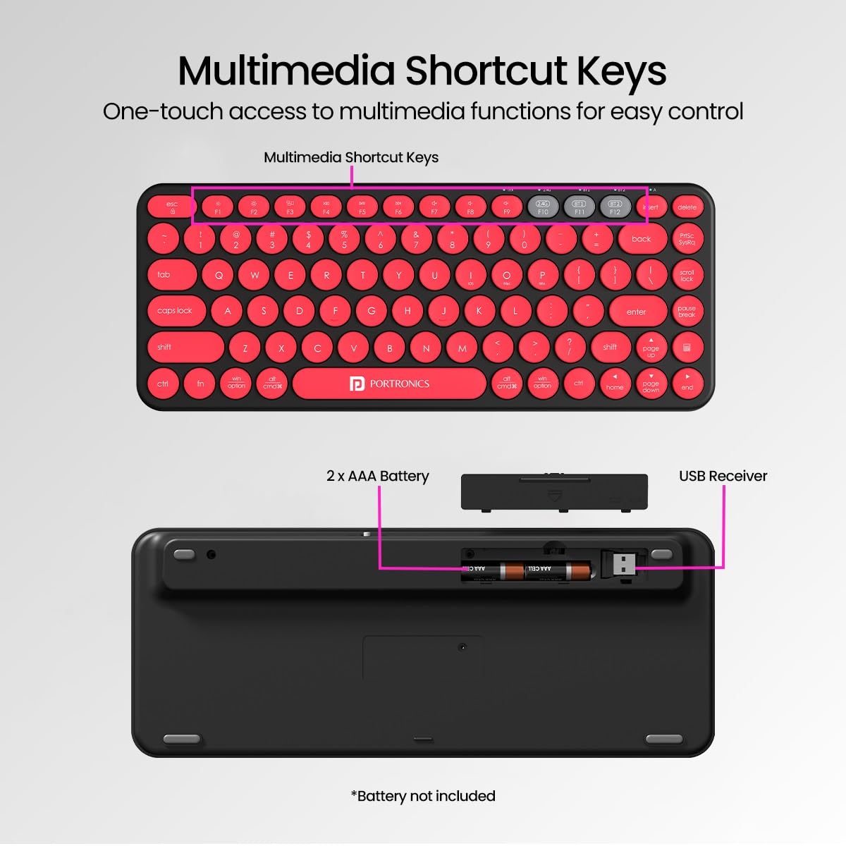 Portronics Bubble 2.0 Wireless Keyboard with Bluetooth + 2.4 GHz Receiver, Connect 3 Devices, Compact TKL Size, 10m Working Range, Function Shortcut Keys, for Laptop, PC, Smartphone, Tablet (Black)