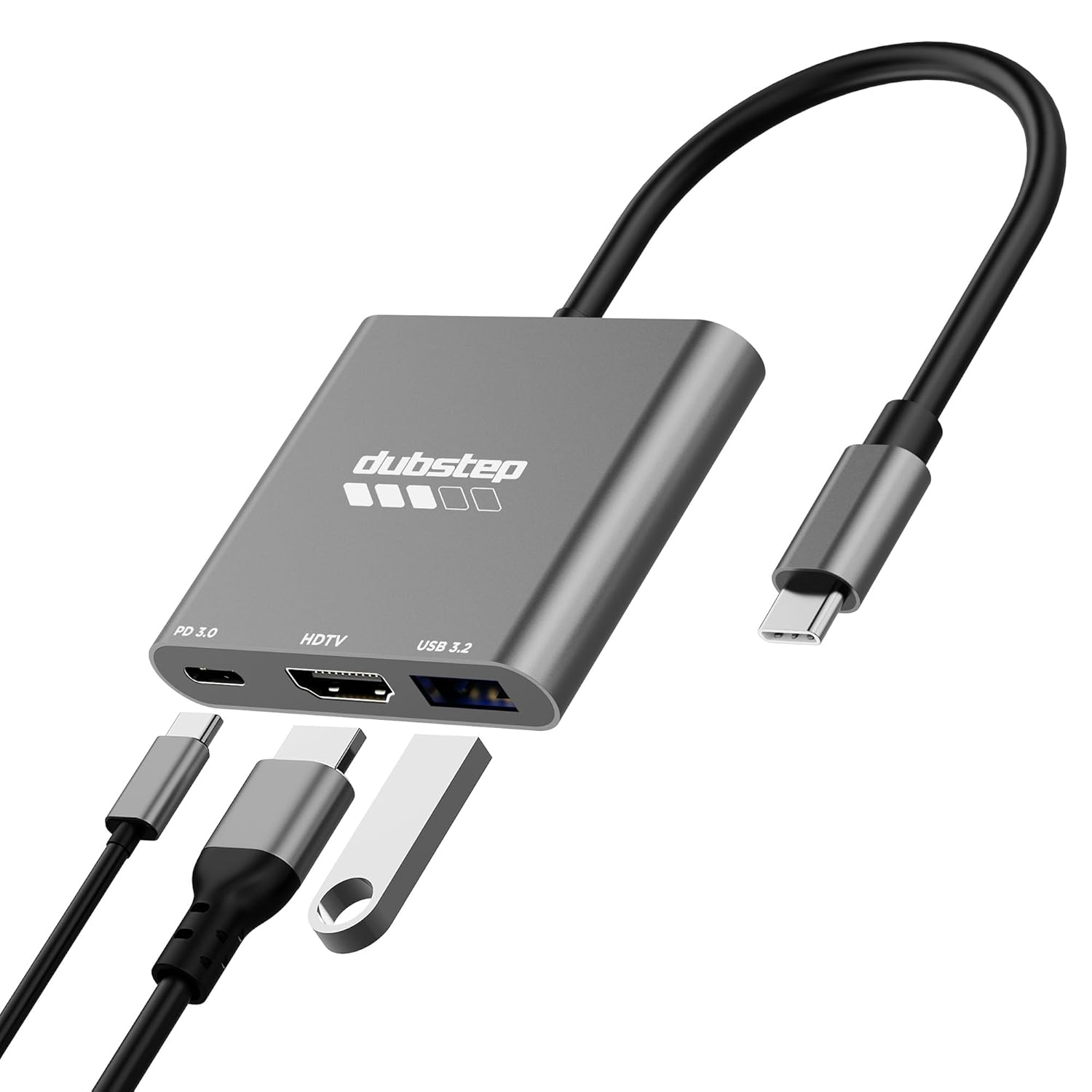 Dubstep SnaplinkGo 3-in-1 Type C to HDMI USB Hub, Grey, Aluminium Alloy, 4K Output, USB 3.2 High Speed Data Transfer, PD 3.0 Charging (Grey)