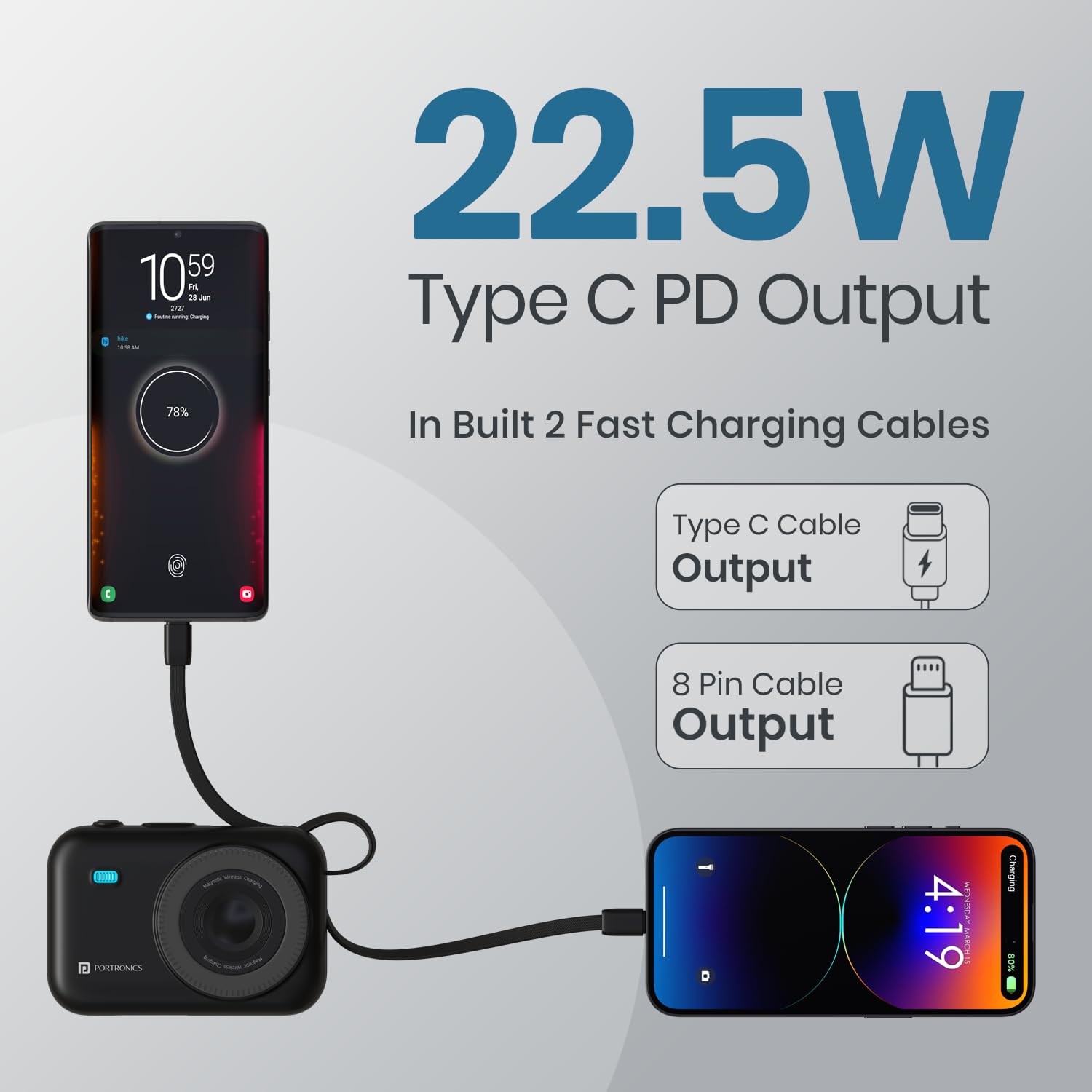 Portronics Power Shutter 20000mAh 15W Magnetic Wireless Fast Charging Powerbank with in-Built Type C & 8 Pin Cable, 22.5W Type C PD Output, Type C Bidirectional Port, LED Display (Black)