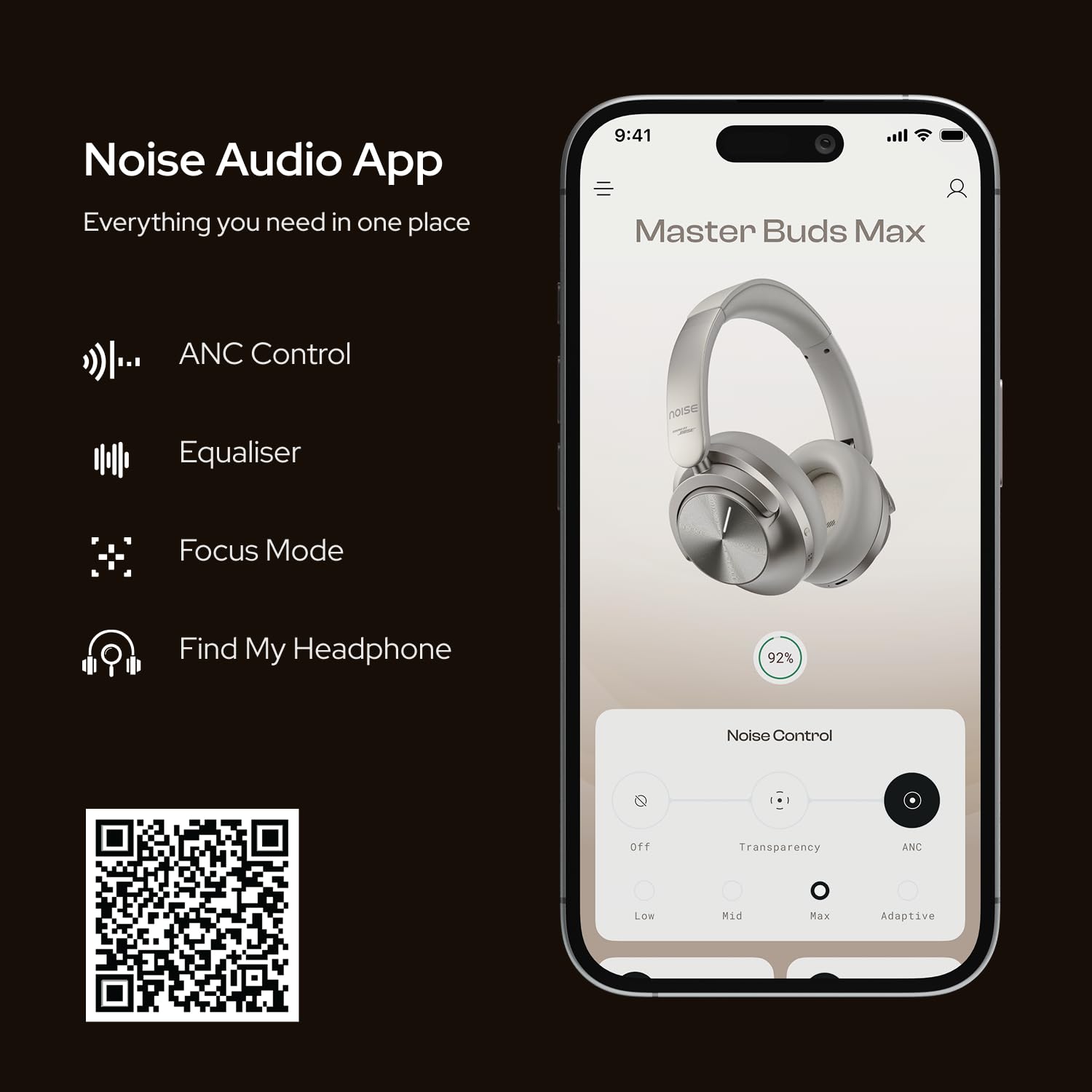Noise Master Buds Max, Sound by Bose Wireless Over-Ear Headphones, Adaptive ANC, LHDC 5.0, Immersive Spatial Audio,Upto 60H Playtime, Fast Pairing, Wear Detection(Titanium)