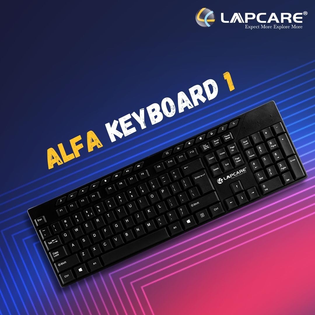 Lapcare Alfa Keyboard 1 with Adjustable Kickstand, 104 Keyboard Standard Key with Additional 15 Hot Keys, USB 2.0 (Black)