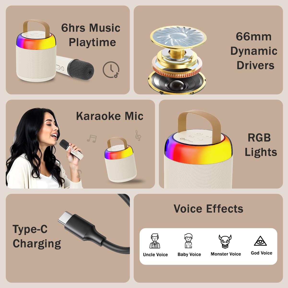 pTron Newly Launched Fusion Bliss 16W Bluetooth Speaker with Wireless Karaoke Mic, 6H Playtime, Vibrant RGB Lights, Voice Effects,Multi-Play Modes BT5.3/TF Card & Type-C Charging Port (Light Cream)