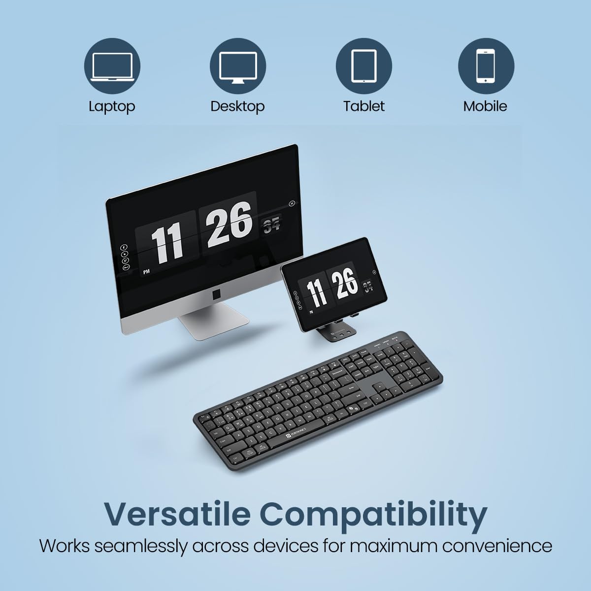 Portronics Akshr Prime Wireless Keyboard with Bluetooth + 2.4 GHz USB Receiver, Rechargeable Battery, Height Adjustment, Multimedia Hotkeys with Numpad, for Laptop, PC, Smartphone, Tablet(Black)