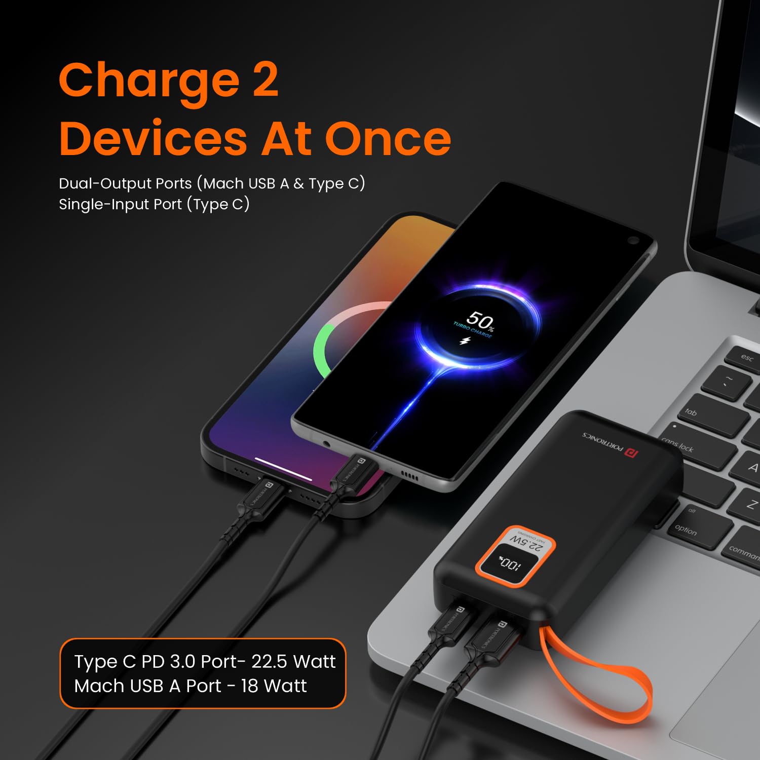 Portronics Ampbox 10K 10000 mAh Nano Power Bank with 22.5W Fast Charging, Digital Display, Dual Output(Type C PD + USB), Type C Input, Wake Up Button(Black)