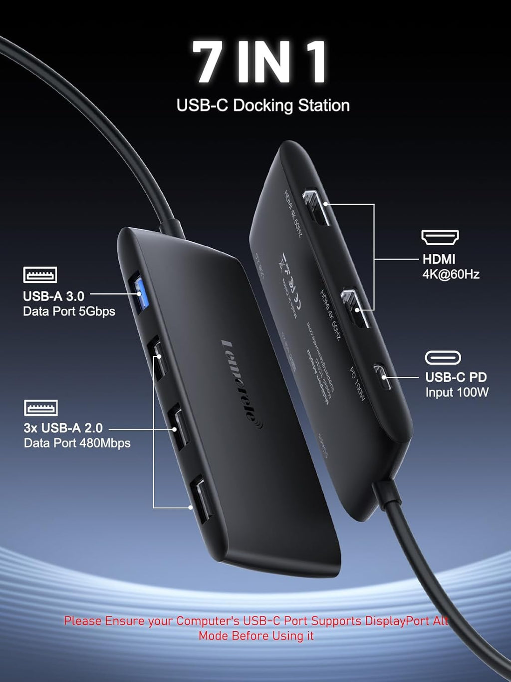 Lemorele USB C Hub Docking Station 7-in-1, Dual HDMI 4K 60Hz Display Adapter for MacBook Pro/Air, Dell, HP, Surface & Windows