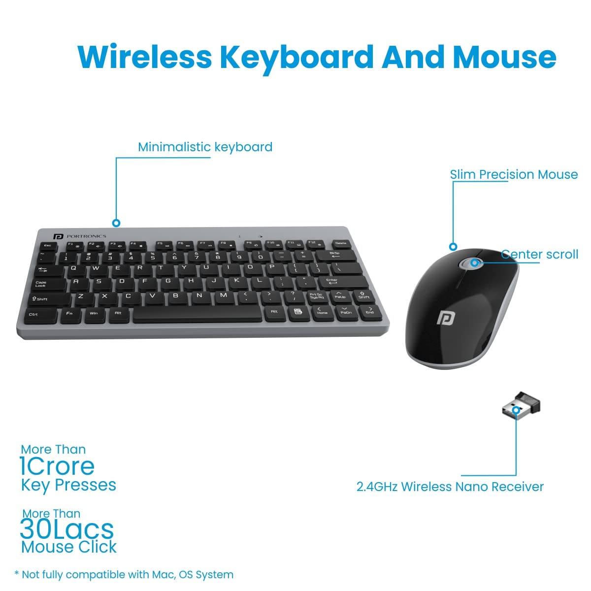 Portronics Key2 Combo Wireless Keyboard and Mouse Set,with 2.4 GHz USB Receiver,Silent Keystrokes,1200 DPI Optical Tracking,Compact Design,Multimedia Keys for PC,Laptop & USB Supported Devices(Grey)