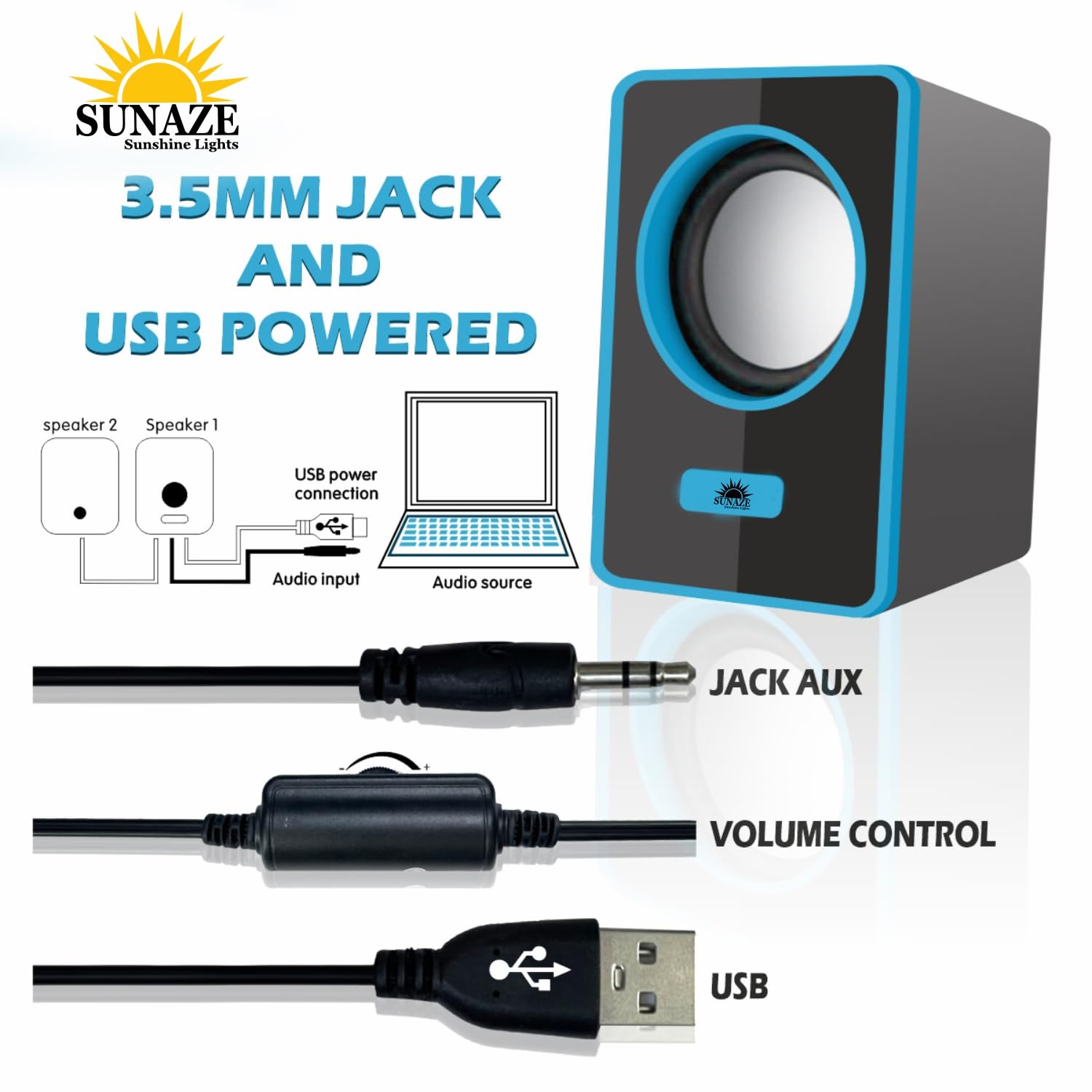 Sunaze USB Multimedia Speakers – Portable AUX Computer PC Speakers for Home & Office Use (Blue)