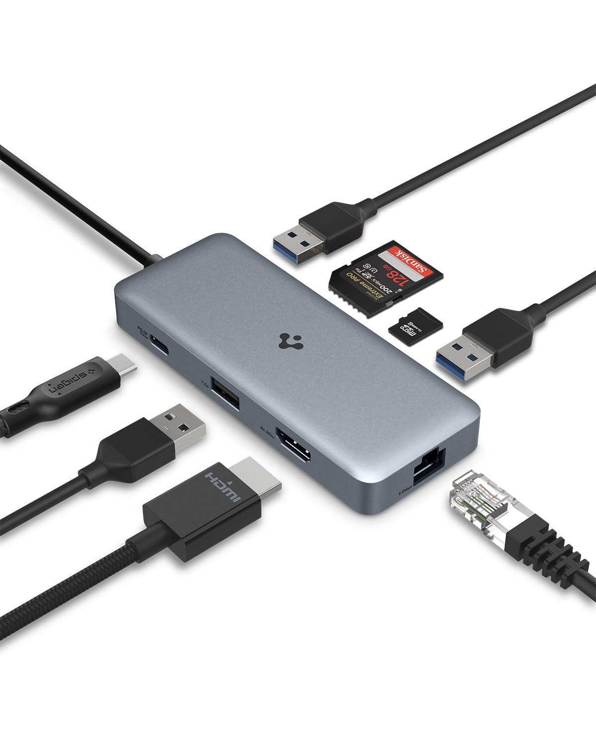 Spigen ArcDock 8-in-1 Type-C Hub with Multi Port (100W PD 3.0 4K 30Hz HDMI, 5Gbps USB-C, 2 x USB-A, Ethernet, microSD/SD Card Reader for MacBook Neo/Air/Pro and Laptops) - Dark Silver