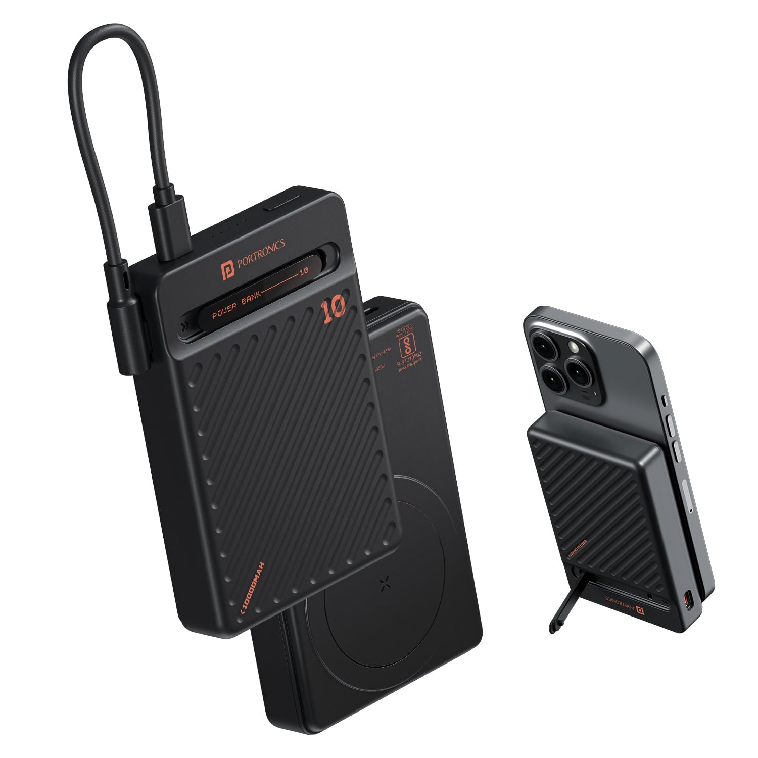 Portronics Chyro 10000mAh 15W Magnetic Wireless Fast Charging Powerbank with MagSafe Mobile Stand,in-Built Type C Cable With 20W Output,For iPhone 12 & Above, Android & Other Qi Enabled Devices(Black) Visit the Portronics Store