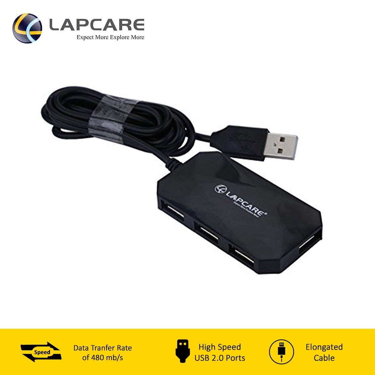 Lapcare USB 2.0 4-Port Hub, Ergonomic Design, Support Data Transfer Rate 1.5/12/480mb/s with 1meter Cable (Black)