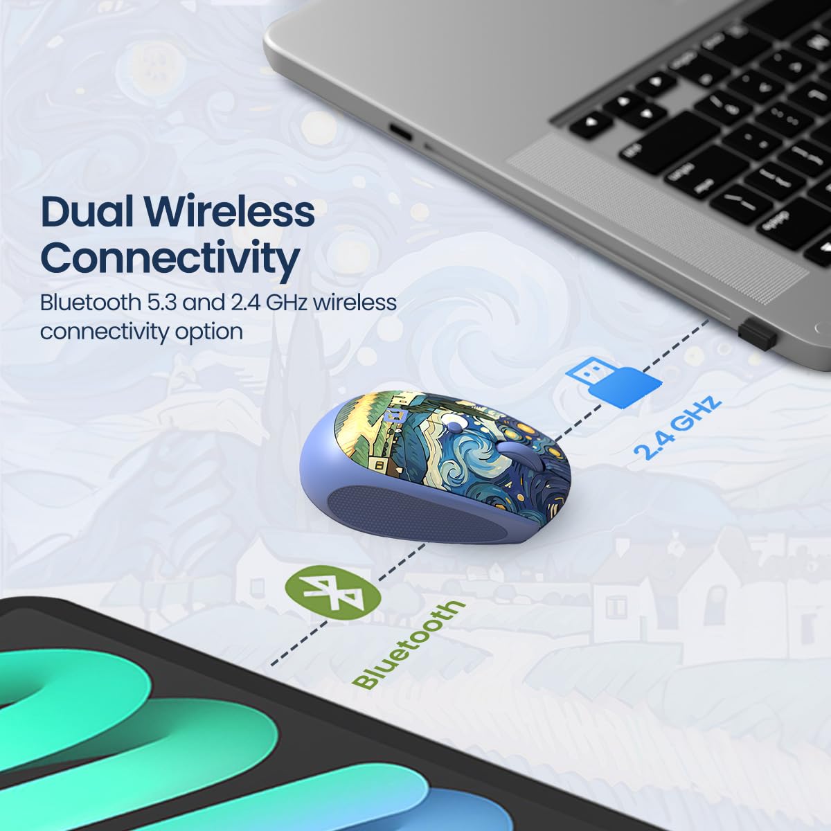 Portronics Toad III Plus Rechargeable Bluetooth Mouse with Bluetooth & 2.4 GHz Wireless Connectivity, Stylish Illustrated Design, 6 Buttons, Soft Silicone Grip for Laptop, PC, Mac (Blue)