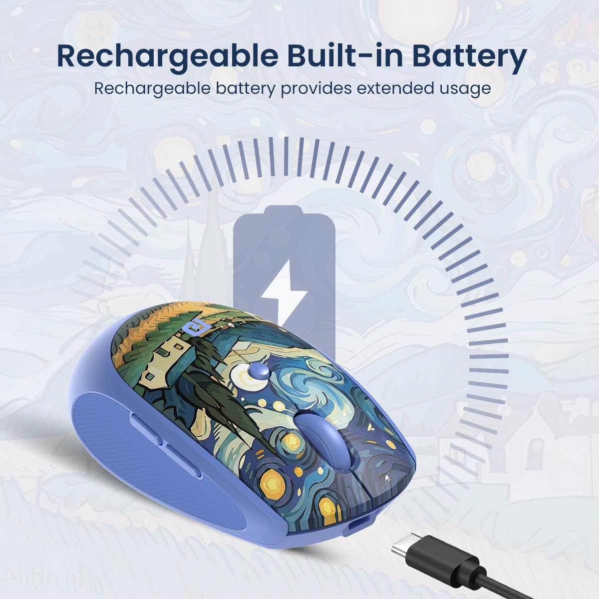 Portronics Toad III Plus Rechargeable Bluetooth Mouse with Bluetooth & 2.4 GHz Wireless Connectivity, Stylish Illustrated Design, 6 Buttons, Soft Silicone Grip for Laptop, PC, Mac (Blue)