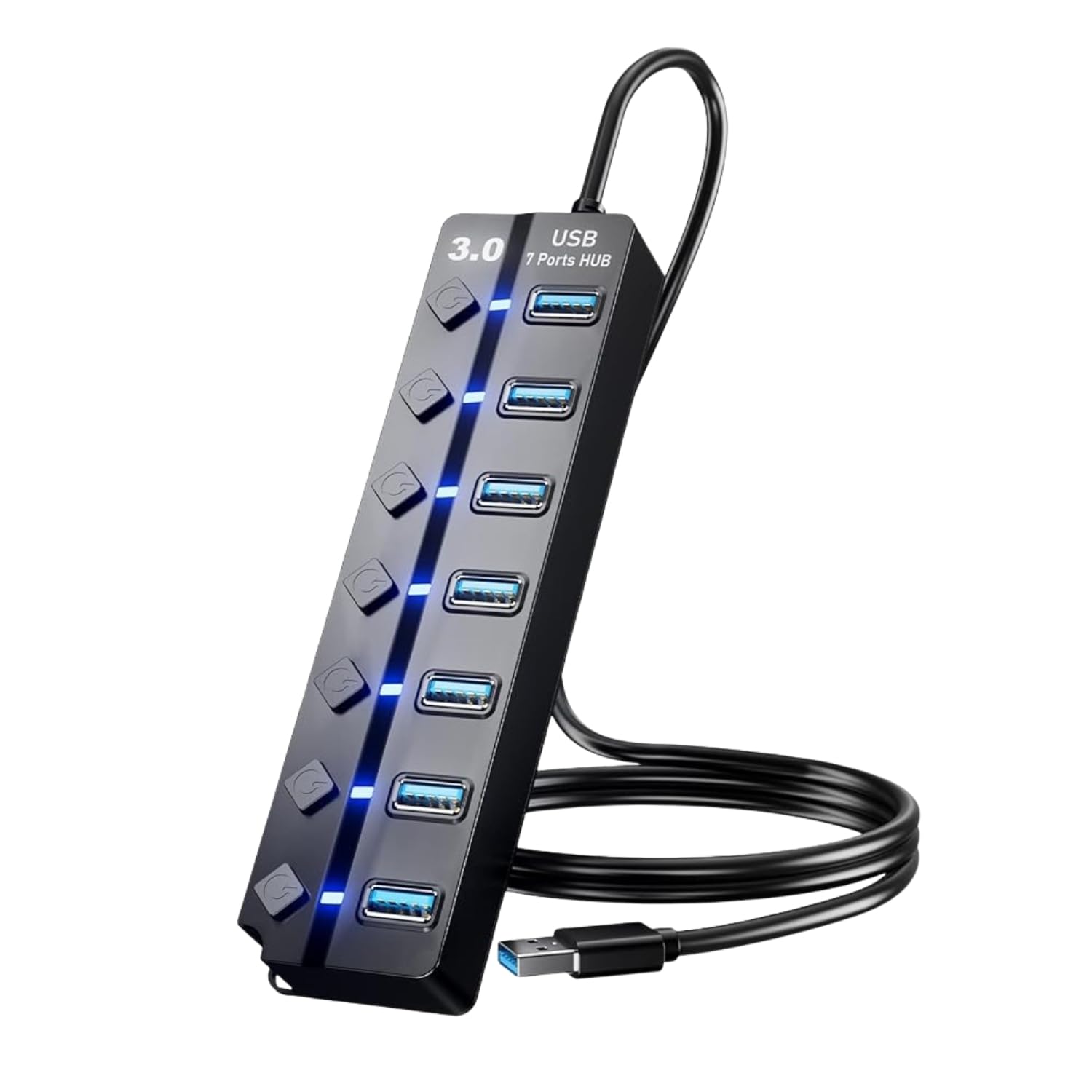 USB 3.0 Hub 7 Port Powered Extender with Individual Switches & LED Indicators | High Speed Multiport USB Hub for Laptop, Desktop, Mac, PC, USB Devices – 1.2m Cable