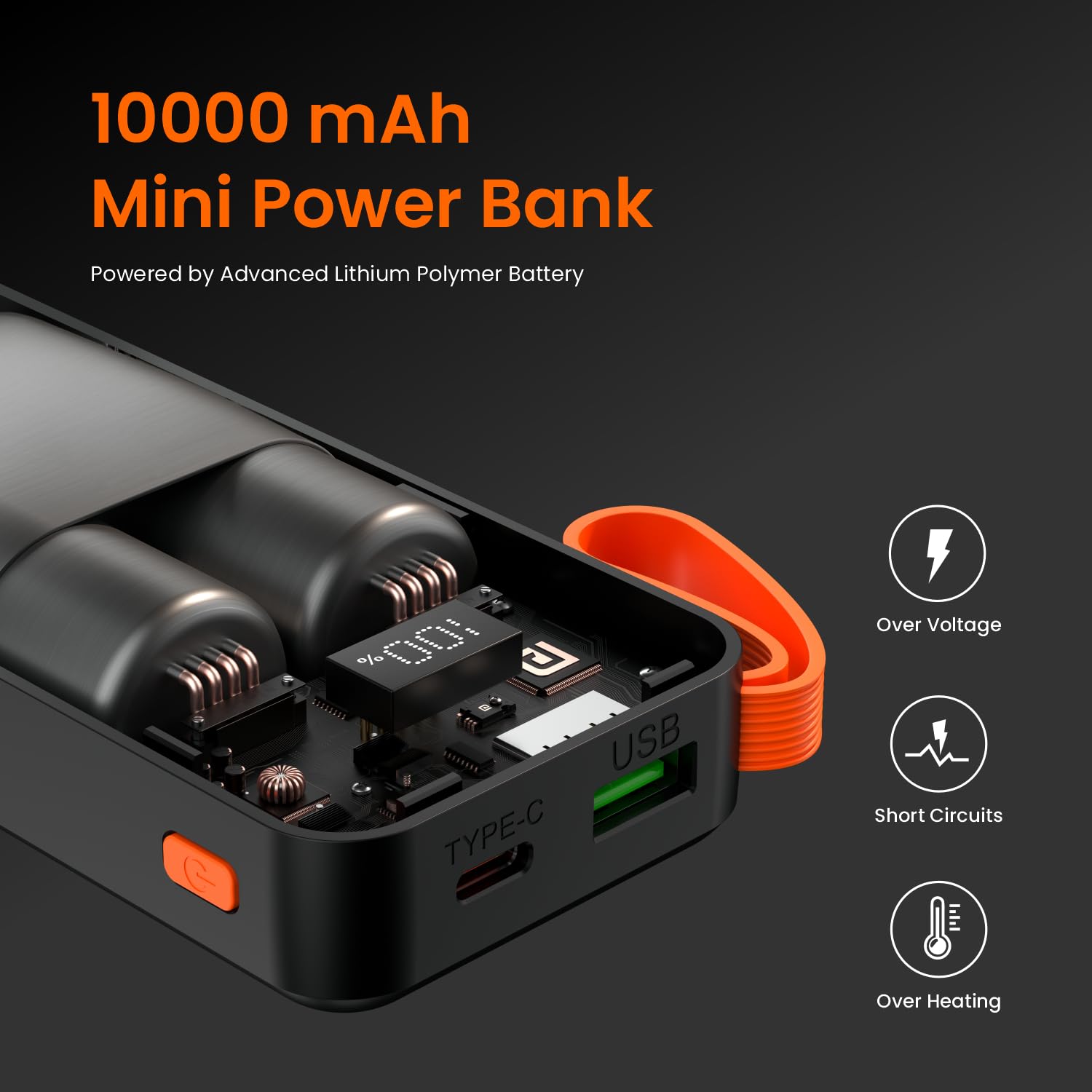 Portronics Ampbox 10K 10000 mAh Nano Power Bank with 22.5W Fast Charging, Digital Display, Dual Output(Type C PD + USB), Type C Input, Wake Up Button(Black)