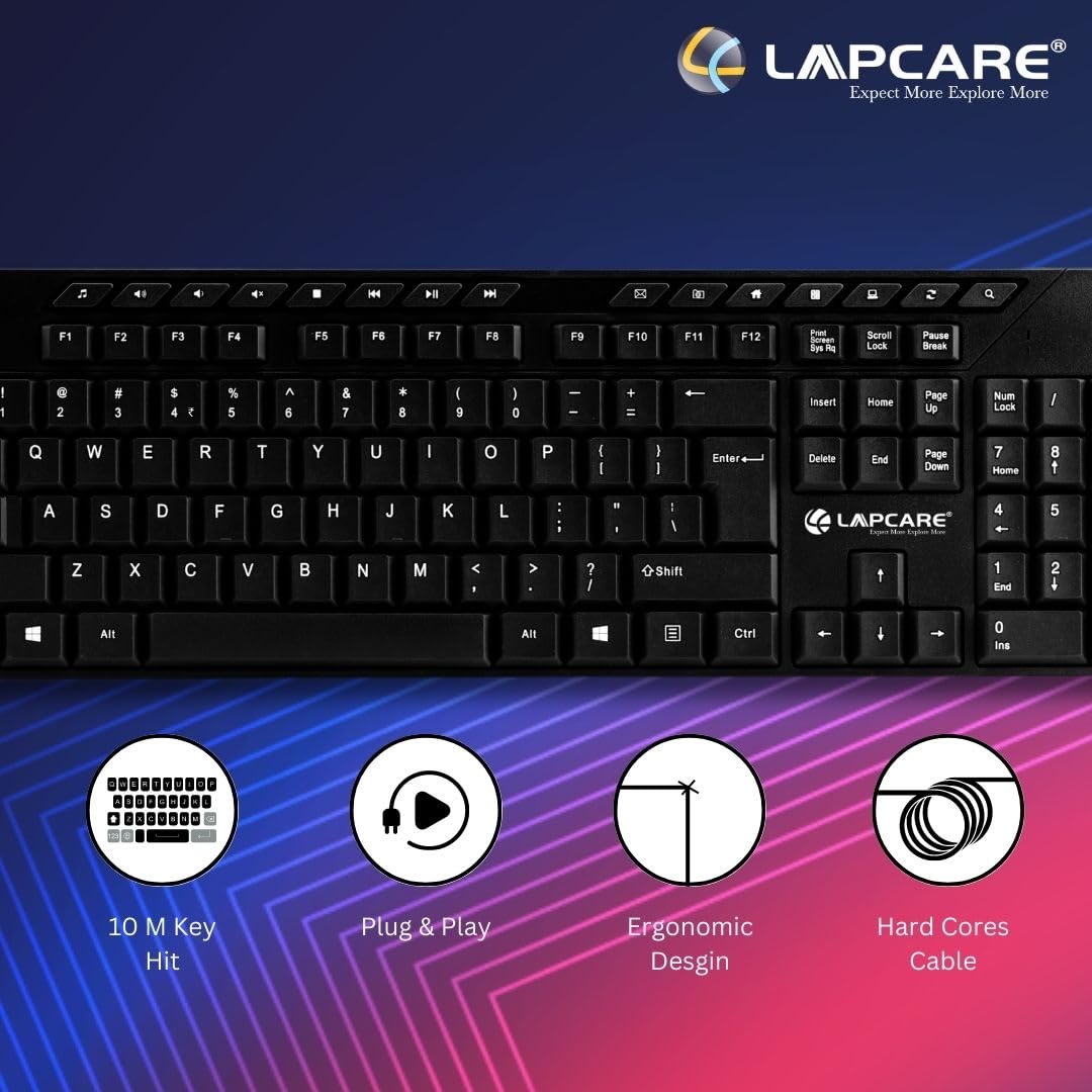 Lapcare Alfa Keyboard 1 with Adjustable Kickstand, 104 Keyboard Standard Key with Additional 15 Hot Keys, USB 2.0 (Black)