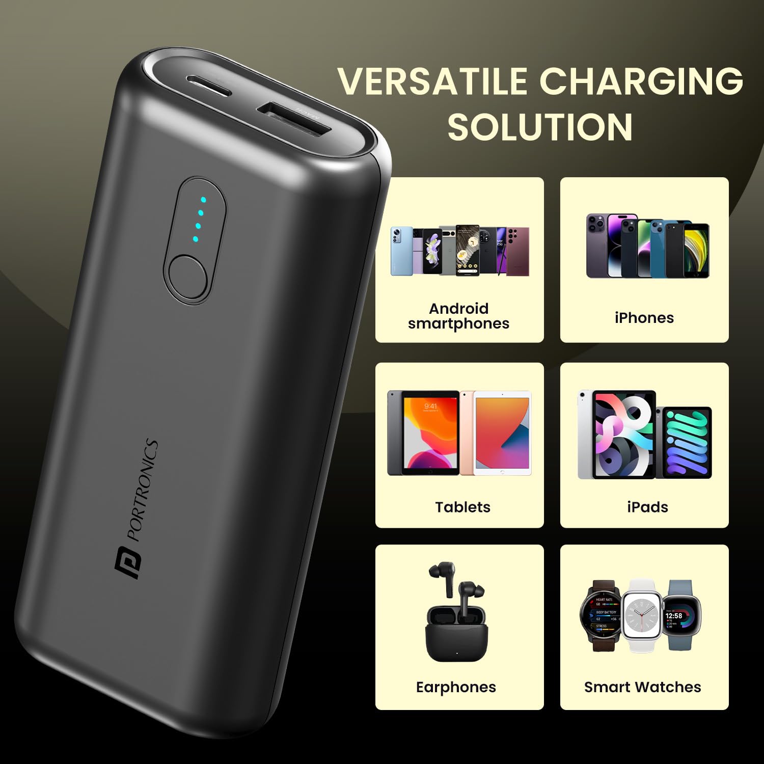 Portronics Power Pod 10K Advanced 10000 mAh Nano Power Bank with 22.5W Max Output, LED Indicator, Mach USB-A Output, Type C PD Output, Type C Input(Black)