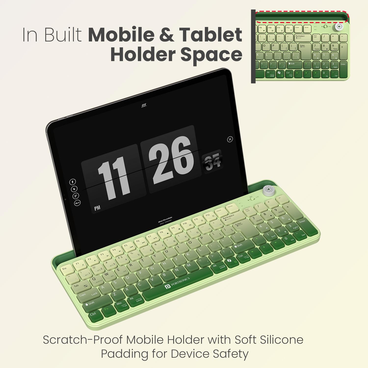 Portronics Bubble 4.0 Wireless Keyboard with Bluetooth + 2.4 GHz USB Receiver, Rechargeable Battery, Volume Control Knob, Multimedia Hotkeys with Numpad, for Laptop, PC, Smartphone, Tablet(Green)