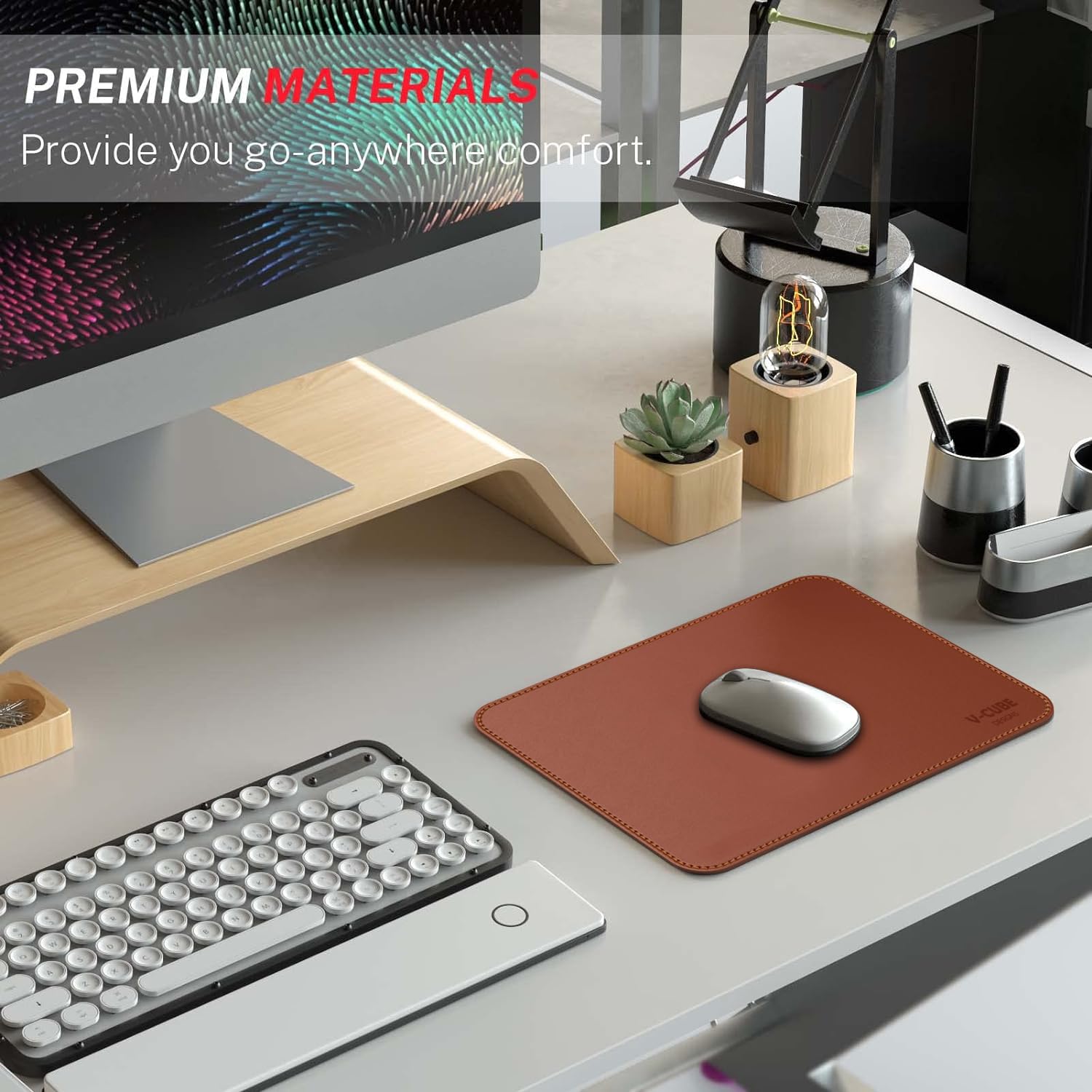V-CUBE DESIGNS Premium Vegan Leather Mouse Pad |32X27cm| 2.4mm Thick(Padded)|Stitched, Reversible use, Splash-Proof, Anti-Skid for Gaming, Computer, Laptop, Home&Office in a Fresh Modern Design| Tan