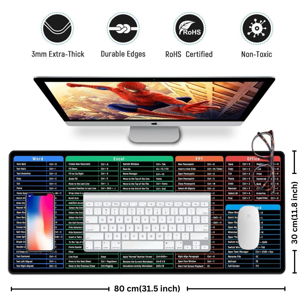 Tukzer Extended Gaming Mouse Pad with Windows & Office Excel Shortcuts Key, High Speed Mouse Tracking & Control, Stitched Embroidery Edges, Non-Slip Rubber Base for Computer Laptop Keyboard