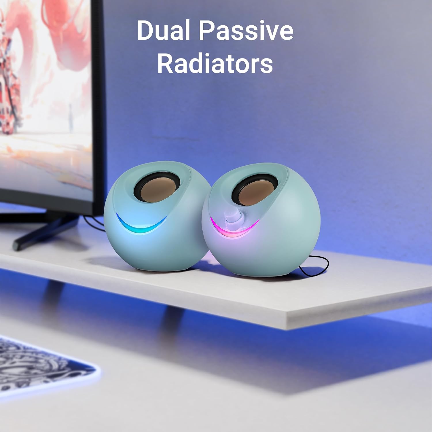 ZEBRONICS Blues 2.0 Computer Speakers, 8 Watts, 45° Elevated Drivers, Dual Passive Radiators, USB Powered, AUX, Volume Control Knob, RGB LED, for Laptops & Desktop (Sky Blue)