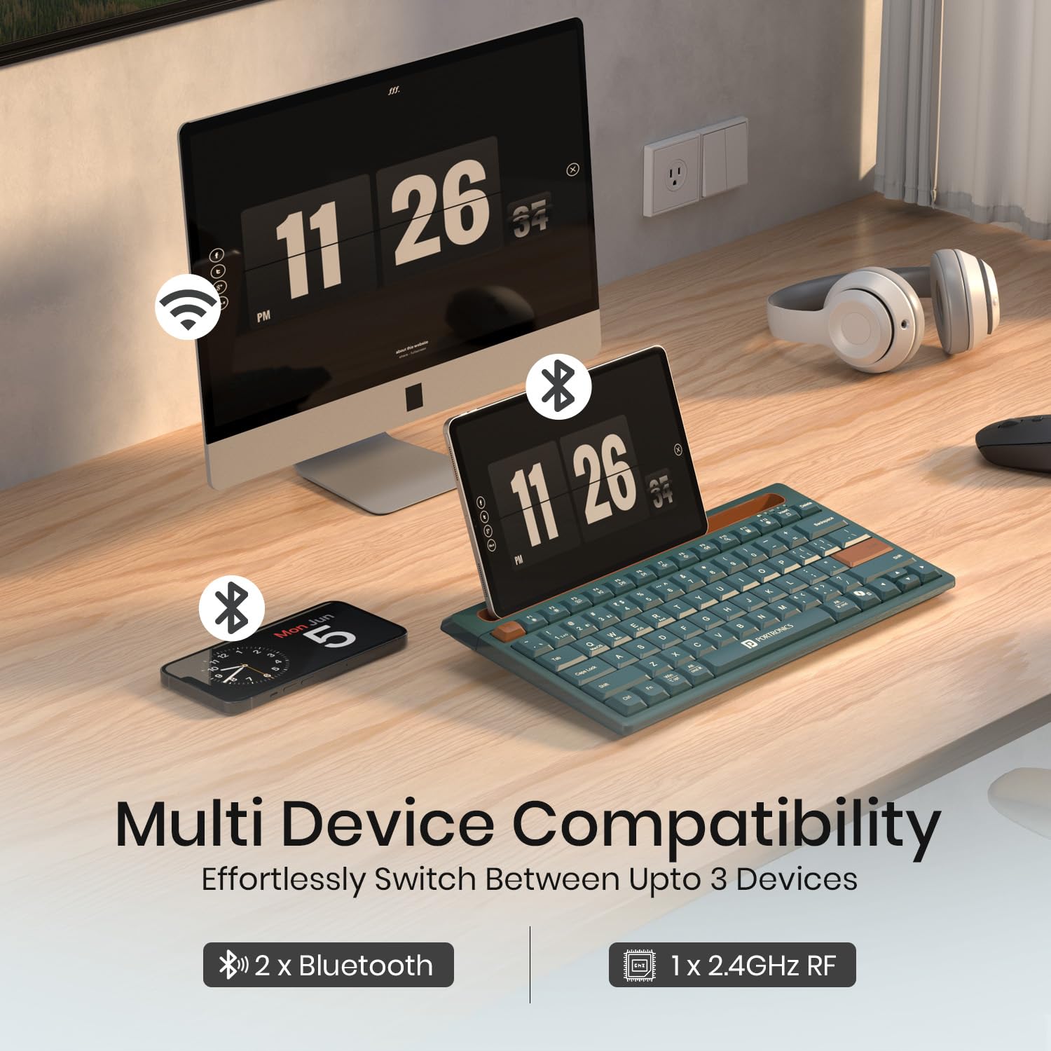 Portronics Bubble Dock 2.0 Wireless Keyboard with Bluetooth + 2.4 GHz USB Receiver, Height Adjustment, Multimedia Hotkeys, Dedicated Co-Pilot Key, for Laptop, PC, Smartphone, Tablet (Green)