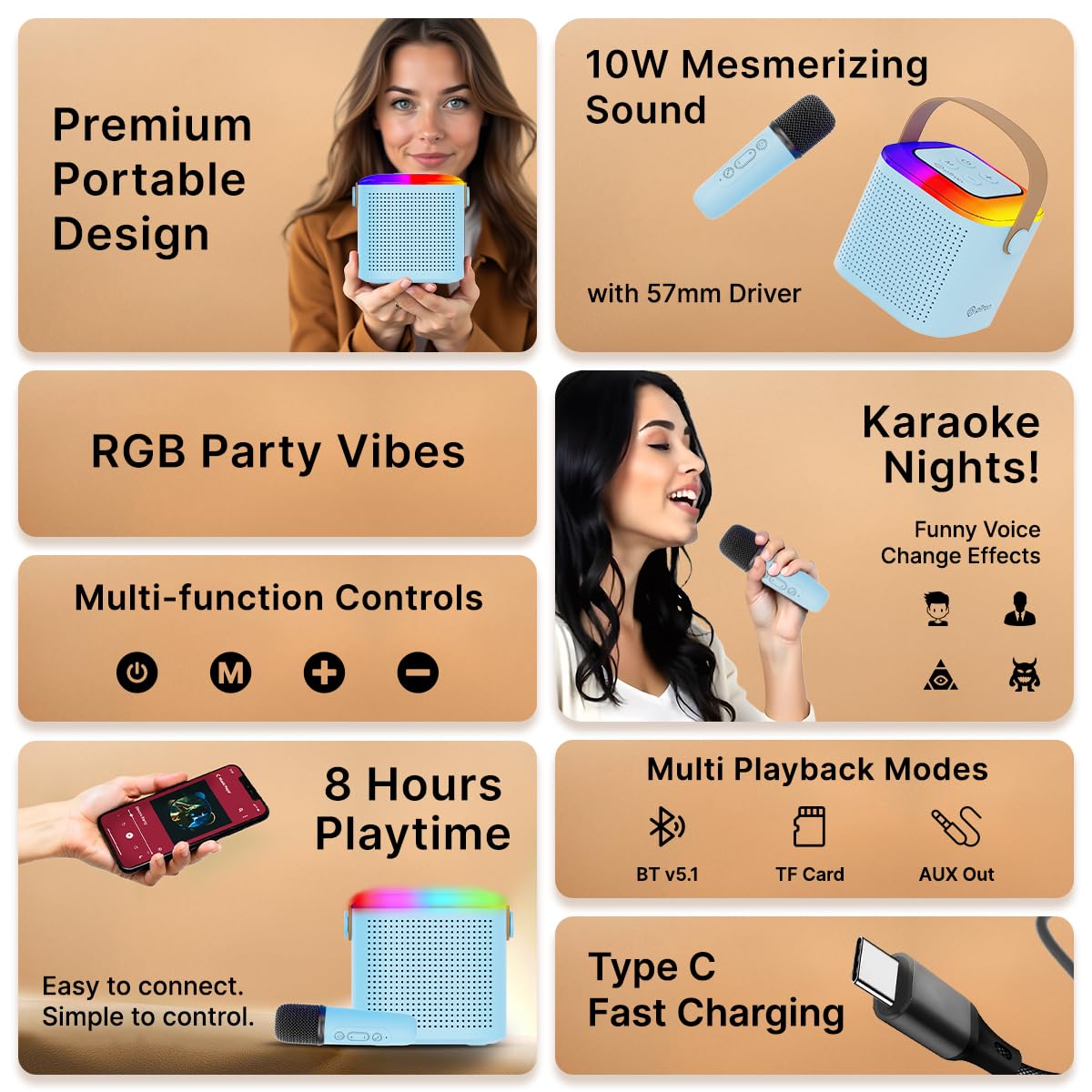 pTron Newly Launched Fusion Tunes 10W Mini Bluetooth Speaker with Wireless Karaoke Mic, 8Hrs Playtime, Vivid RGB Lights, Voice Effects, Multi-Play Modes BT5.1/TF Card & Type-C Charging Port (Blue)