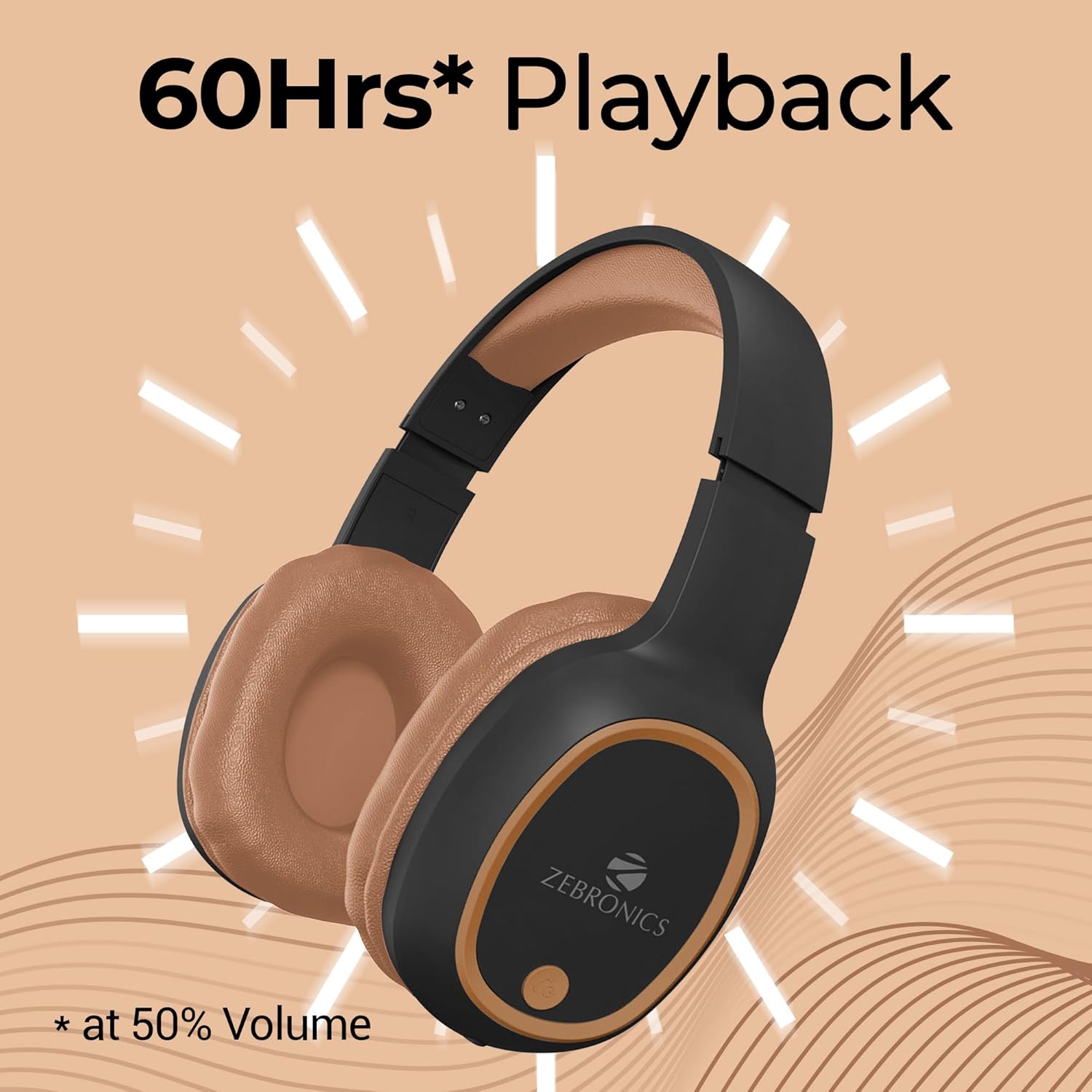 ZEBRONICS Thunder (2026 Upgrade) Wireless Headphones, BT v6.0, True 60 hrs Playback, 40mm Drivers, ENC, Gaming Mode, Dual Pairing, AUX & microSD, Rapid Charging, Call Function (Brown)