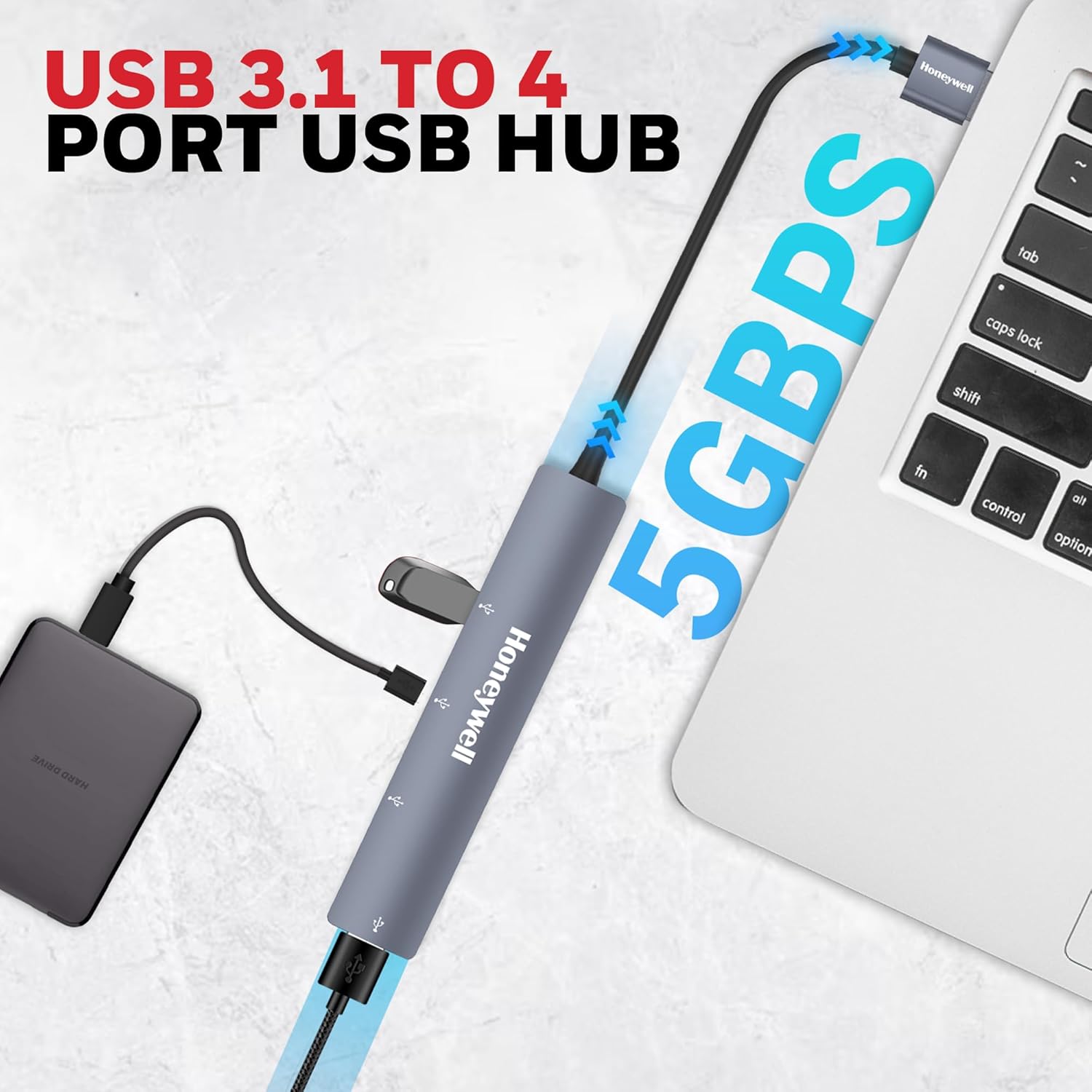 Honeywell Newly Launched 4-in-1 Ultra Slim USB Hub 1xUSB 3.0 & 3 x USB 2.0 Ports, 30cms Cable, DataTransfer Speed Upto 5GBPS,Universally Compatible with All USB,PC,Speaker,Laptop,Hard Drive etc