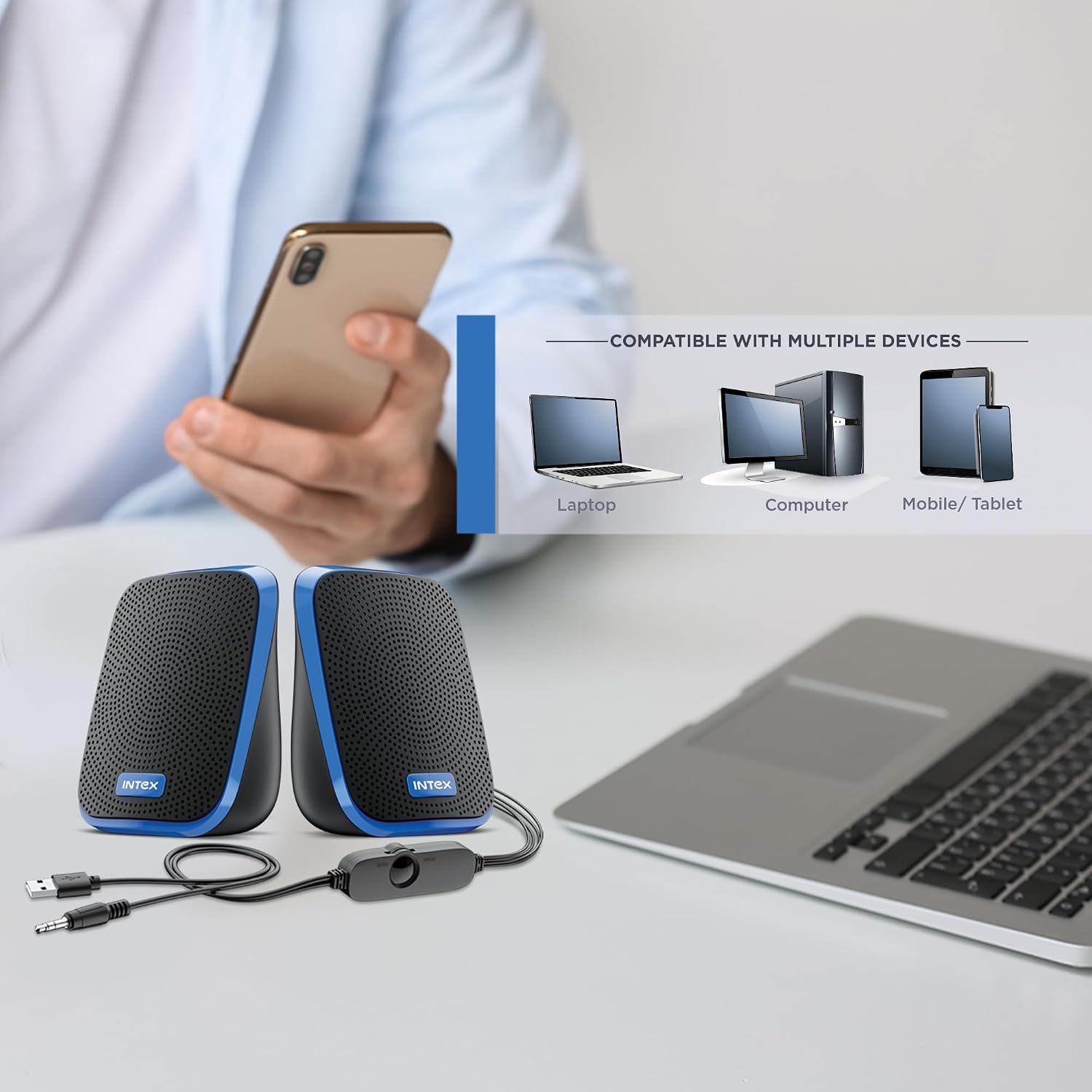 Intex IT-120 2.0 Channel Desktop Speaker with 10W Powerful Sound, USB Powered, 3.5mm Jack, in-Line Volume Control, Loud & Compact Design, Portable for Laptop, Computer, Mobile – Blue