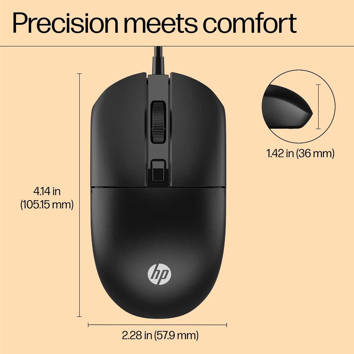 HP M070 Ergonomic Wired Mouse/ 1.5M USB Cable/Optical Engine/Accurate Positioning/ 1600 DPI with Adjustable DPI 1000-1200