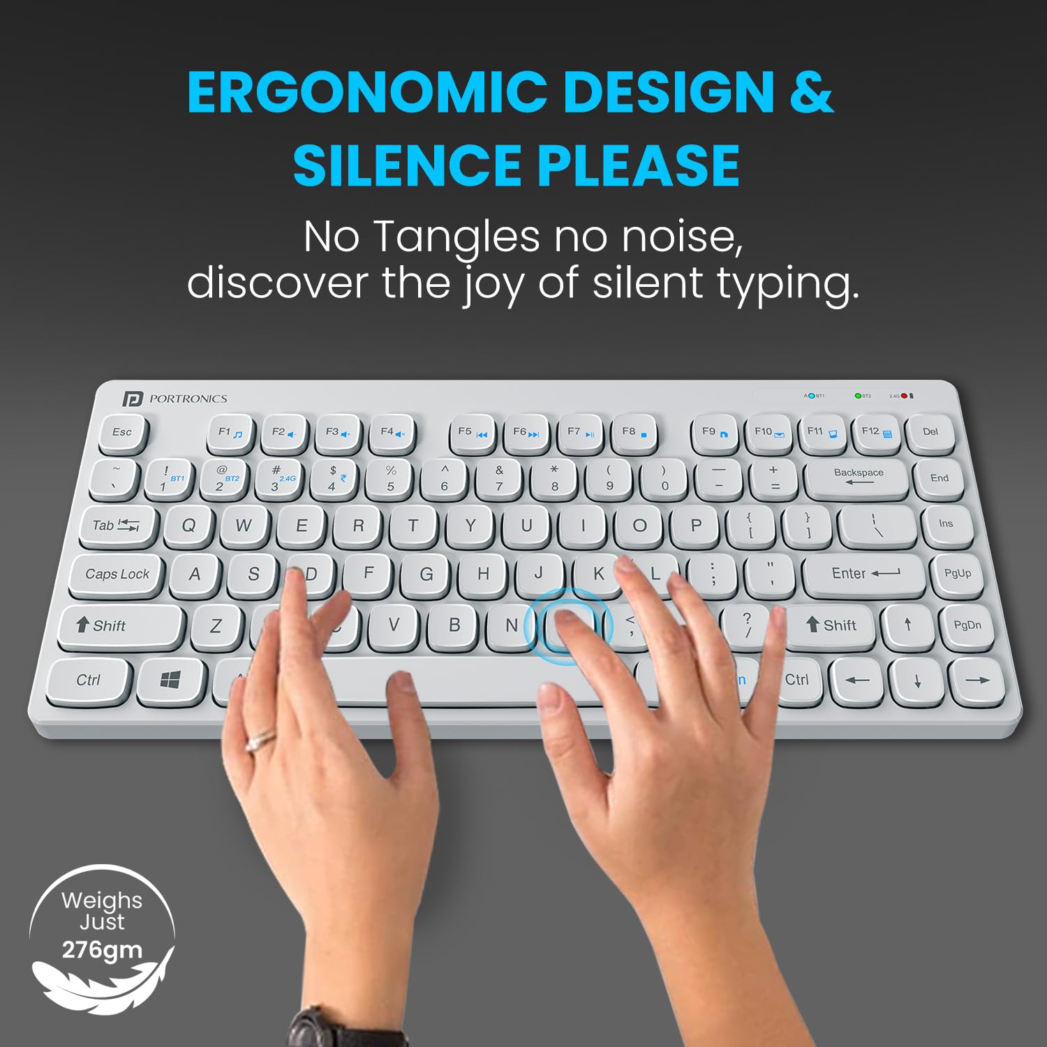 Portronics Bubble Multimedia Wireless Keyboard 2.4 GHz & Bluetooth 5.0 Connectivity, Noiseless Experience, Compact Size for iOS iPad Air, Pro, Mini, Android, Windows Tablets PC Smartphone(White)