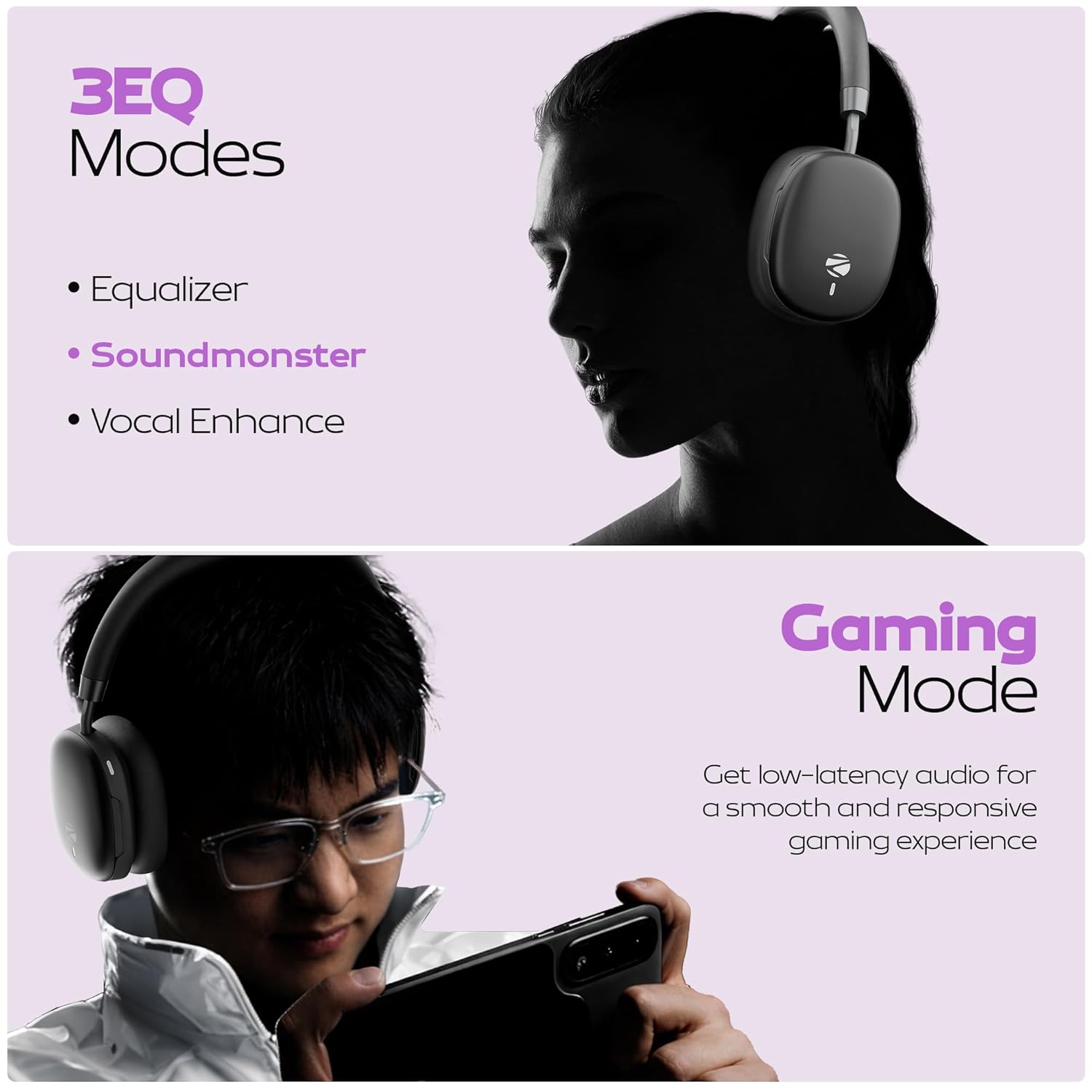 Zebronics Wireless Headphones, Hybrid ANC 48dB, Upto 100Hrs Playback, 40mm Drivers, Dual Mic ENC, BT v6.0, Gaming Mode, Dual Pairing, Touch Controls, App Support, AUX (Silencio 200T, Black)