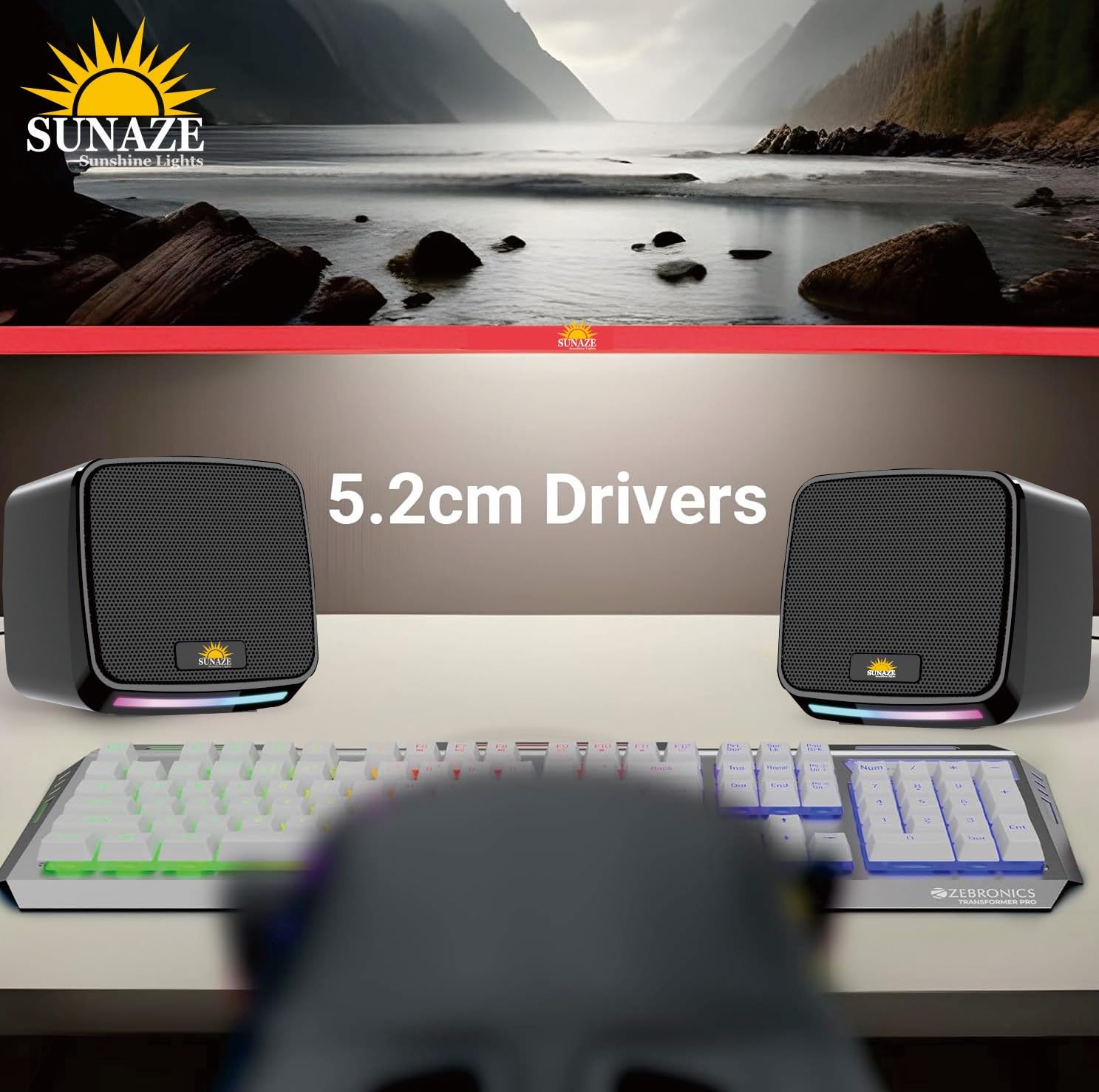 Sunaze USB Powered RGB Stereo Speakers Compact Wired Multimedia Speakers with Clear Sound & LED Base Glow Desktop Speakers for PC, Laptop & Mobile