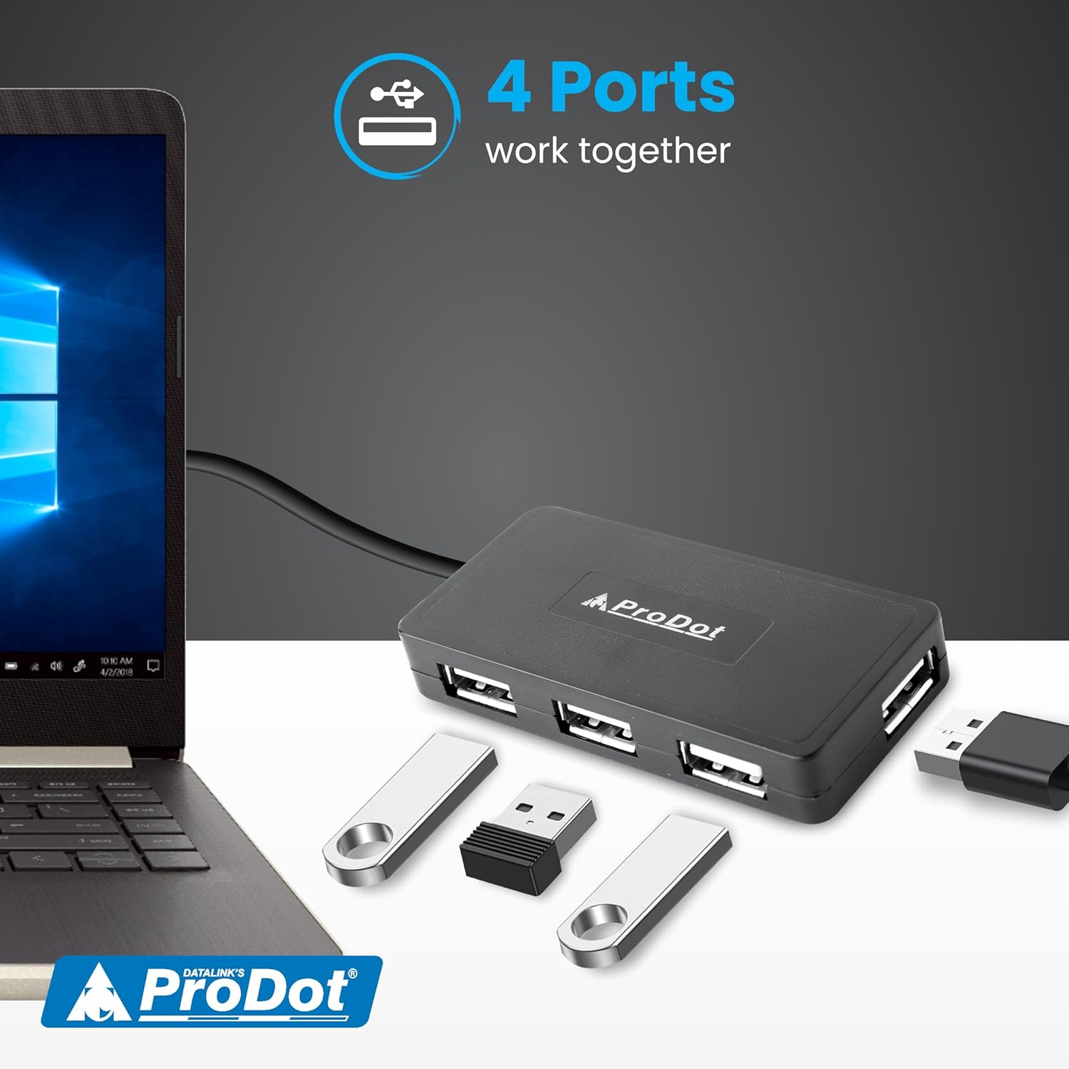 ProDot 4-in-1 USB Hub 2.0 with Hi-Speed Data Transfer 480 Mbps I Plug & Play I Universally Compatible with Speaker, Laptop, Hard Drive, PC, Laptop etc. I 1 Year Warranty (Play Plus)
