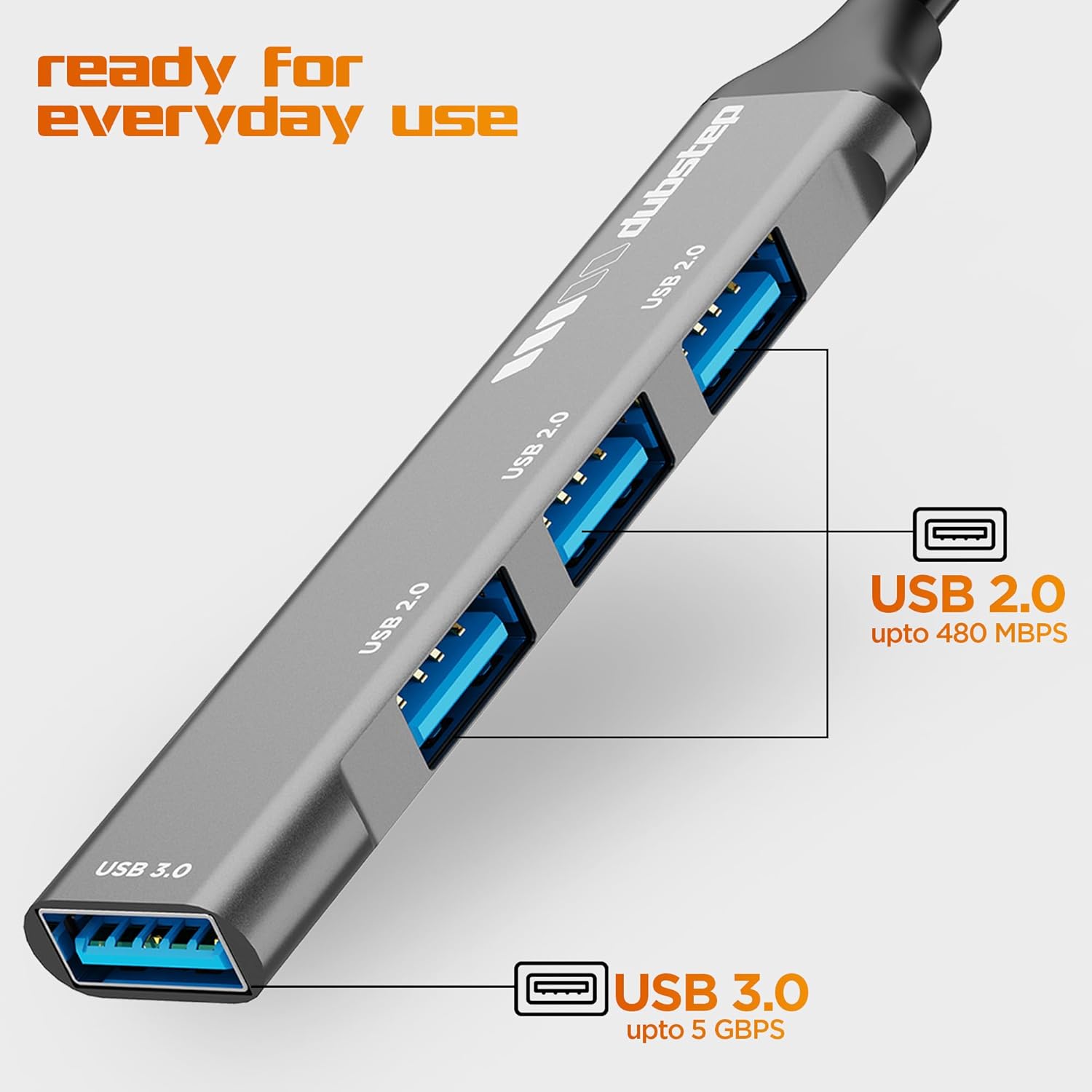 Dubstep SnaplinkGo 4-in-1 Type C to USB Hub, Grey, Aluminium Alloy, 5 Gbps Data Transfer, 4 Ports, Bend Free Cable (Grey)