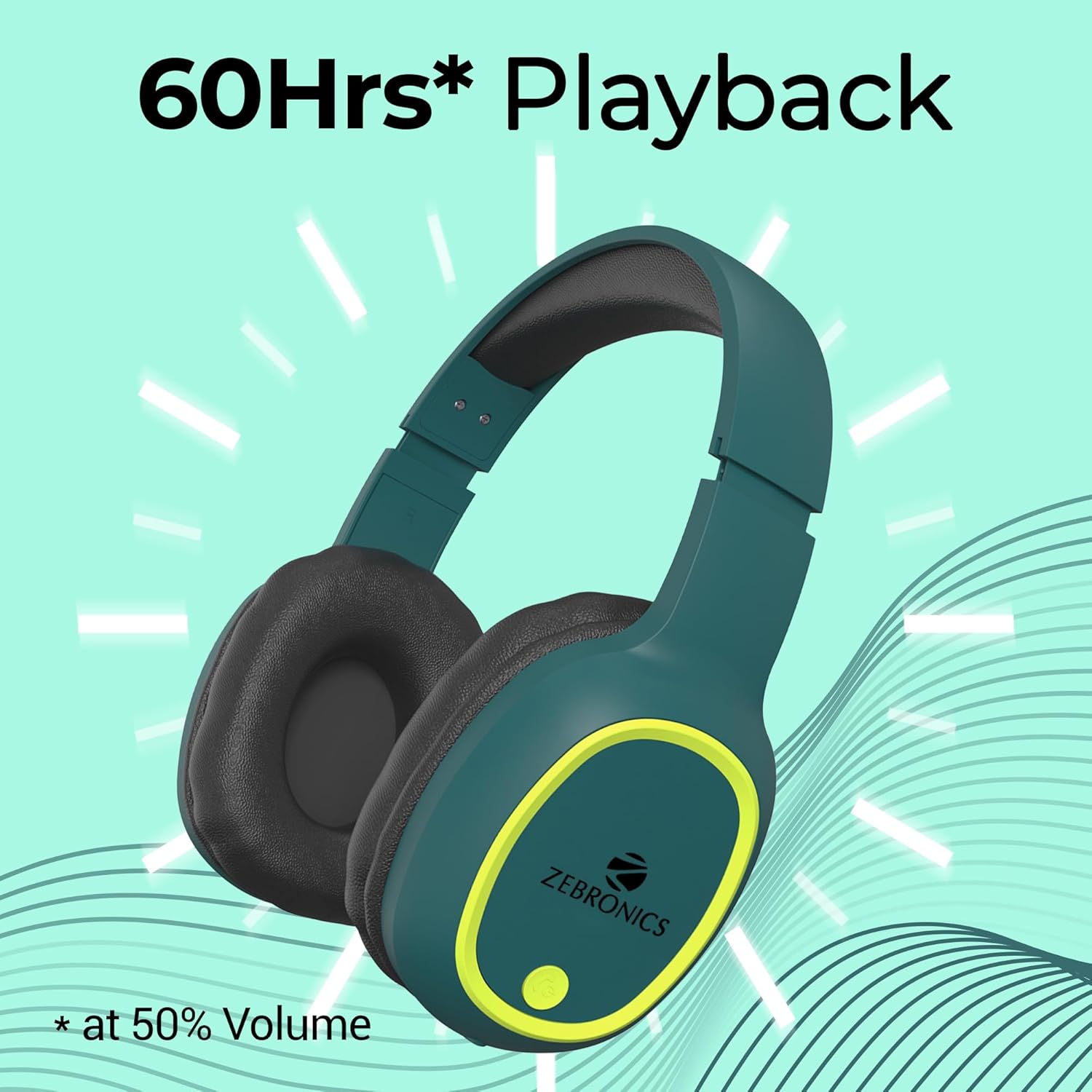 ZEBRONICS Thunder (2026 Upgrade) Wireless Headphones, BT v6.0, True 60 hrs Playback, 40mm Drivers, ENC, Gaming Mode, Dual Pairing, AUX & microSD, Rapid Charging, Call Function (Teal Green)