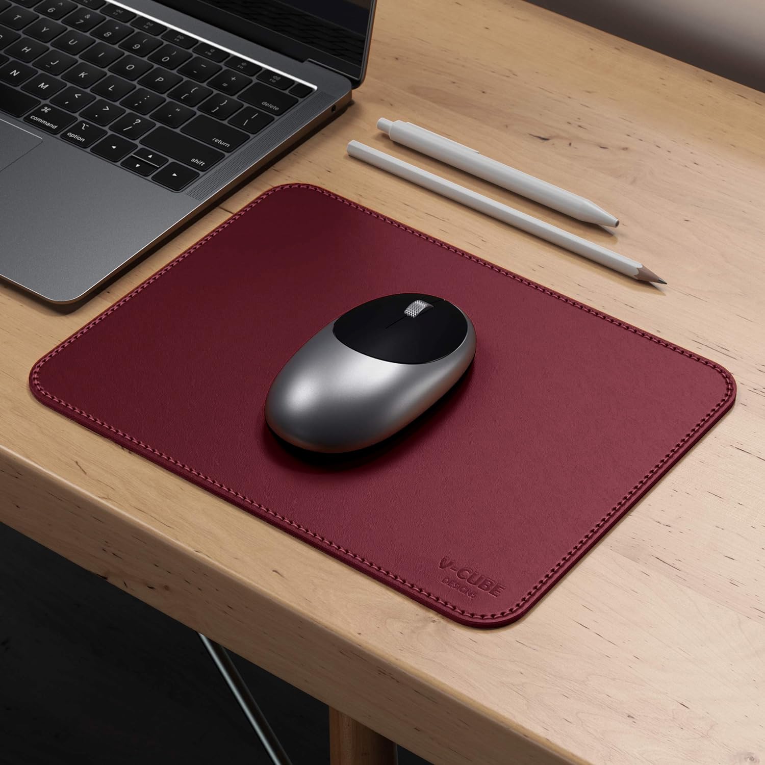 V-CUBE Designs Premium Vegan Leather Mouse Pad |25X21cm| 2.4mm Thick(Padded)|Stitched, Reversible use, Splash-Proof, Anti-Skid for Gaming, Computer, Laptop, Home&Office in a Fresh Modern Design|Maroon