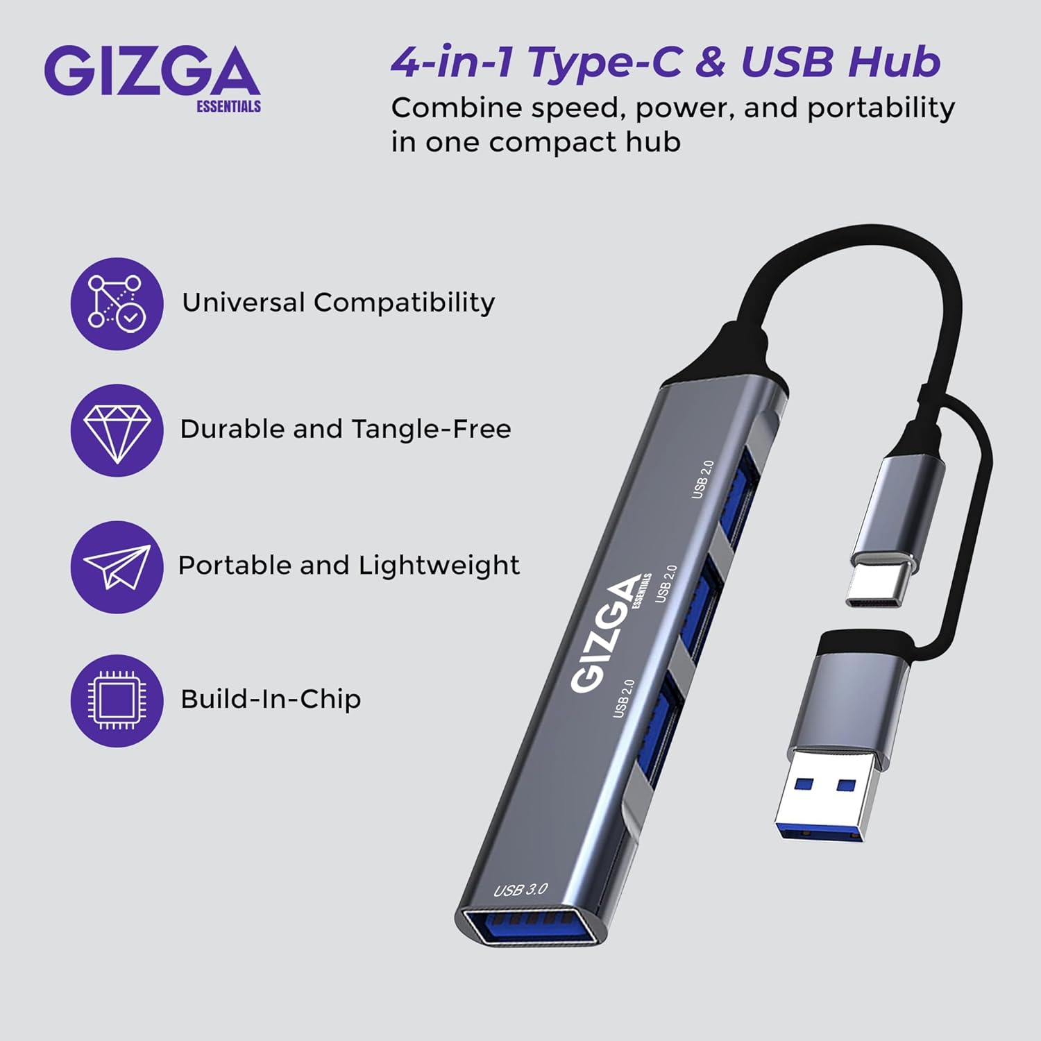 Gizga Essentials 4-in-1 USB C & USB A HUB with USB 3.0 5Gbps High-Speed Port & Dual USB 2.0, Multiport USB Adapter with Smart Chip, Plug & Play, Aluminum Build| Universal for Laptop MacBook Tablet