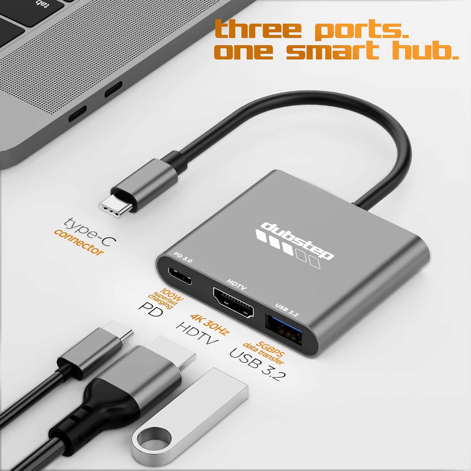 Dubstep SnaplinkGo 3-in-1 Type C to HDMI USB Hub, Grey, Aluminium Alloy, 4K Output, USB 3.2 High Speed Data Transfer, PD 3.0 Charging (Grey)