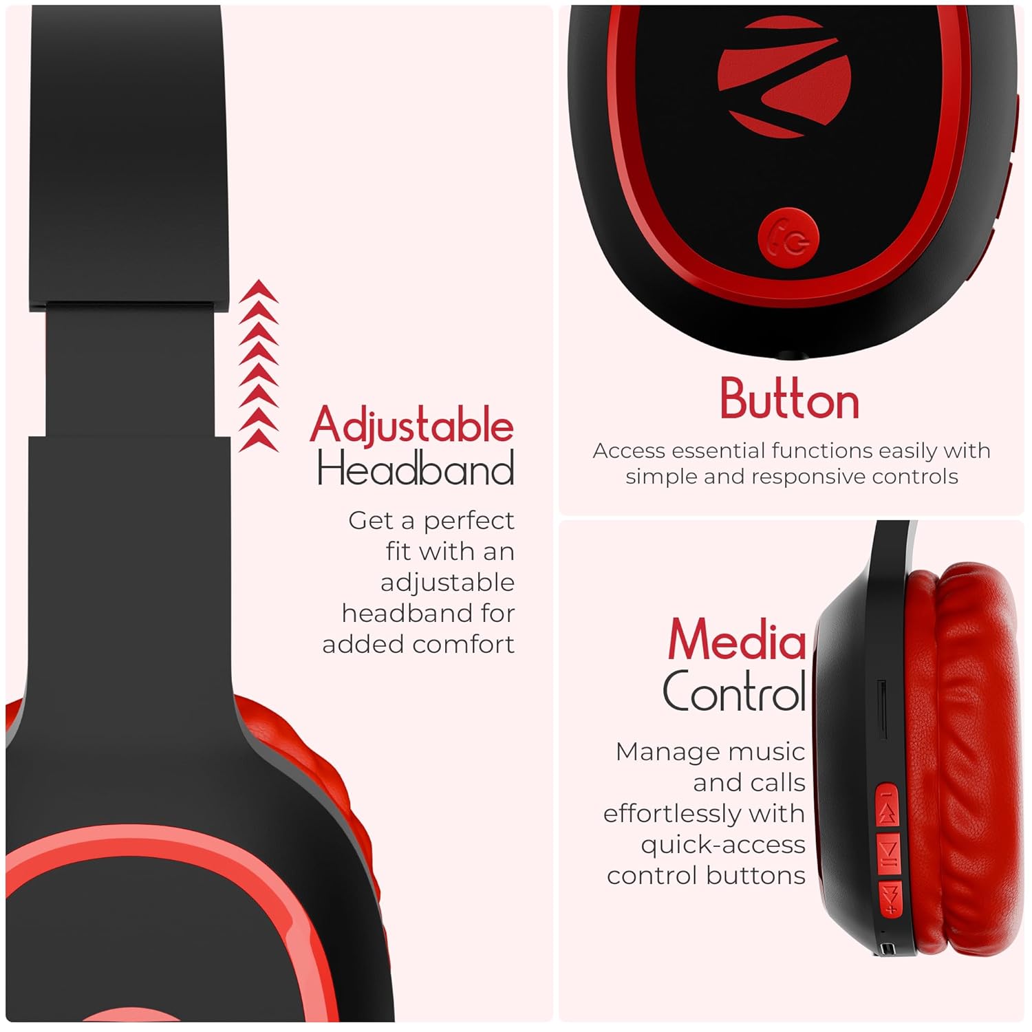 ZEBRONICS Thunder (2026 Upgrade) Wireless Headphones, BT v6.0, True 60 hrs Playback, 40mm Drivers, ENC, Gaming Mode, Dual Pairing, AUX & microSD, Rapid Charging, Call Function (Red)