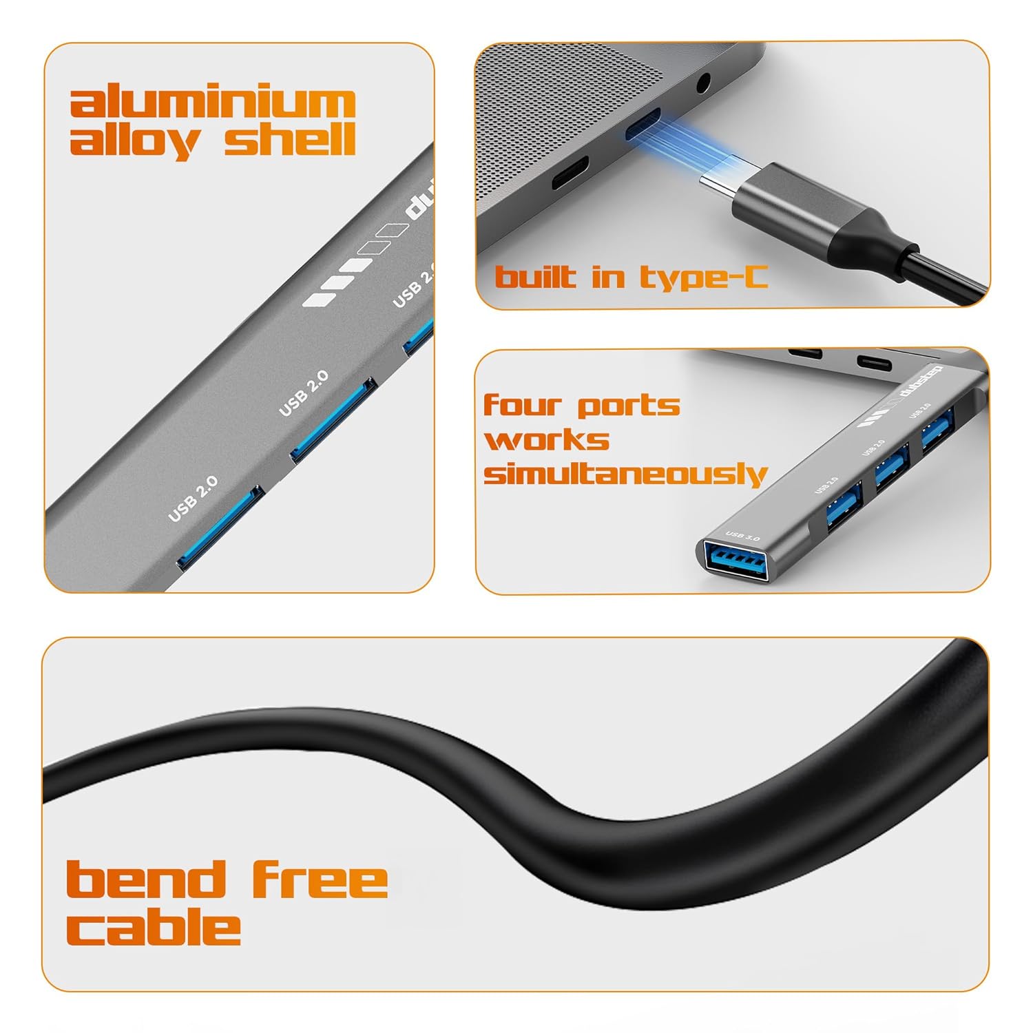 Dubstep SnaplinkGo 4-in-1 Type C to USB Hub, Grey, Aluminium Alloy, 5 Gbps Data Transfer, 4 Ports, Bend Free Cable (Grey)