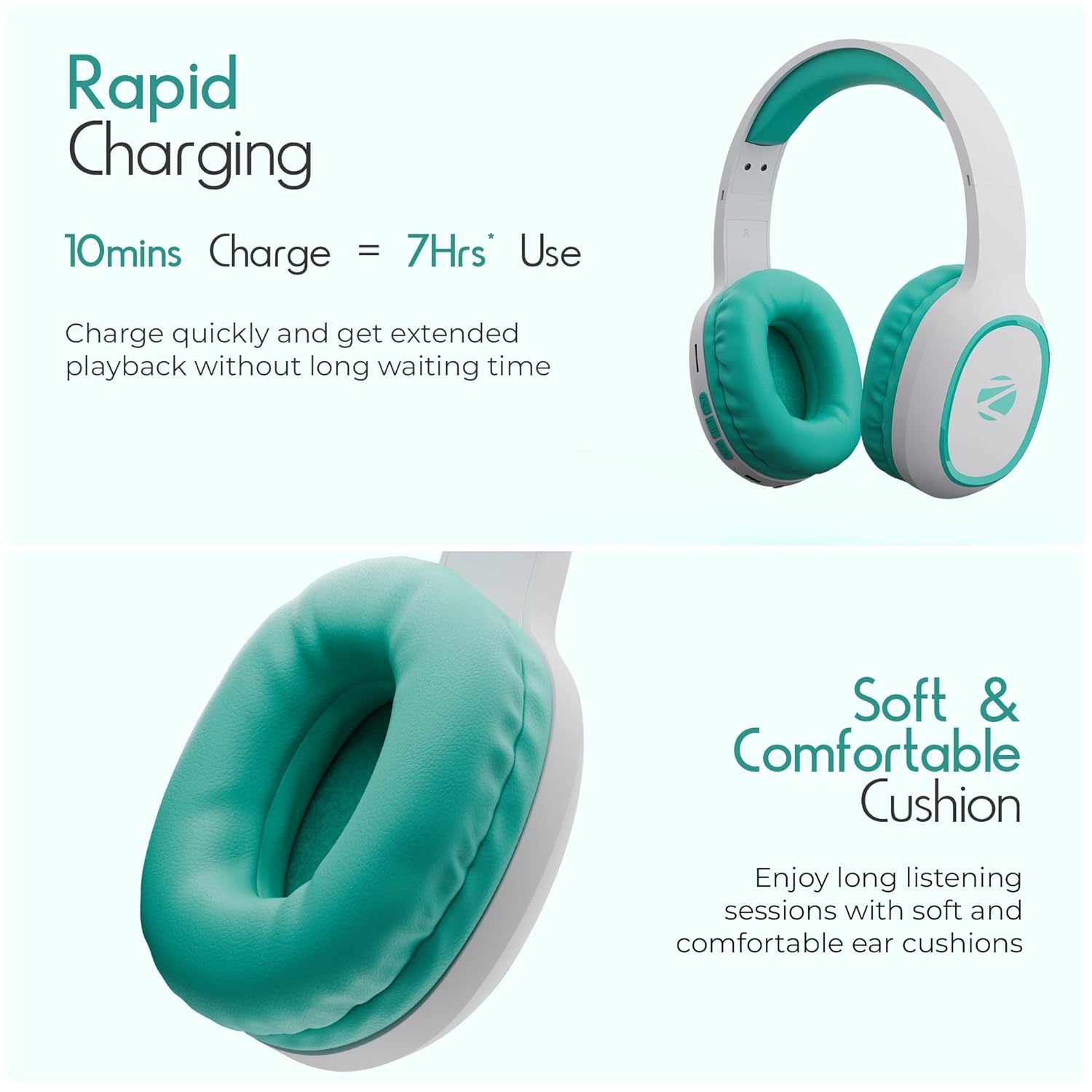 ZEBRONICS Thunder (2026 Upgrade) Wireless Headphones, BT v6.0, True 60 hrs Playback, 40mm Drivers, ENC, Gaming Mode, Dual Pairing, AUX & microSD, Rapid Charging, Call Function (Sea Green)