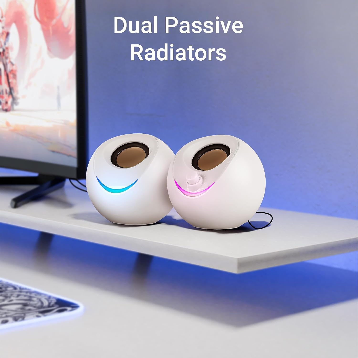 ZEBRONICS Blues 2.0 Computer Speakers, 8 Watts, 45° Elevated Drivers, Dual Passive Radiators, USB Powered, AUX, Volume Control Knob, RGB LED, for Laptops & Desktop (Beige)