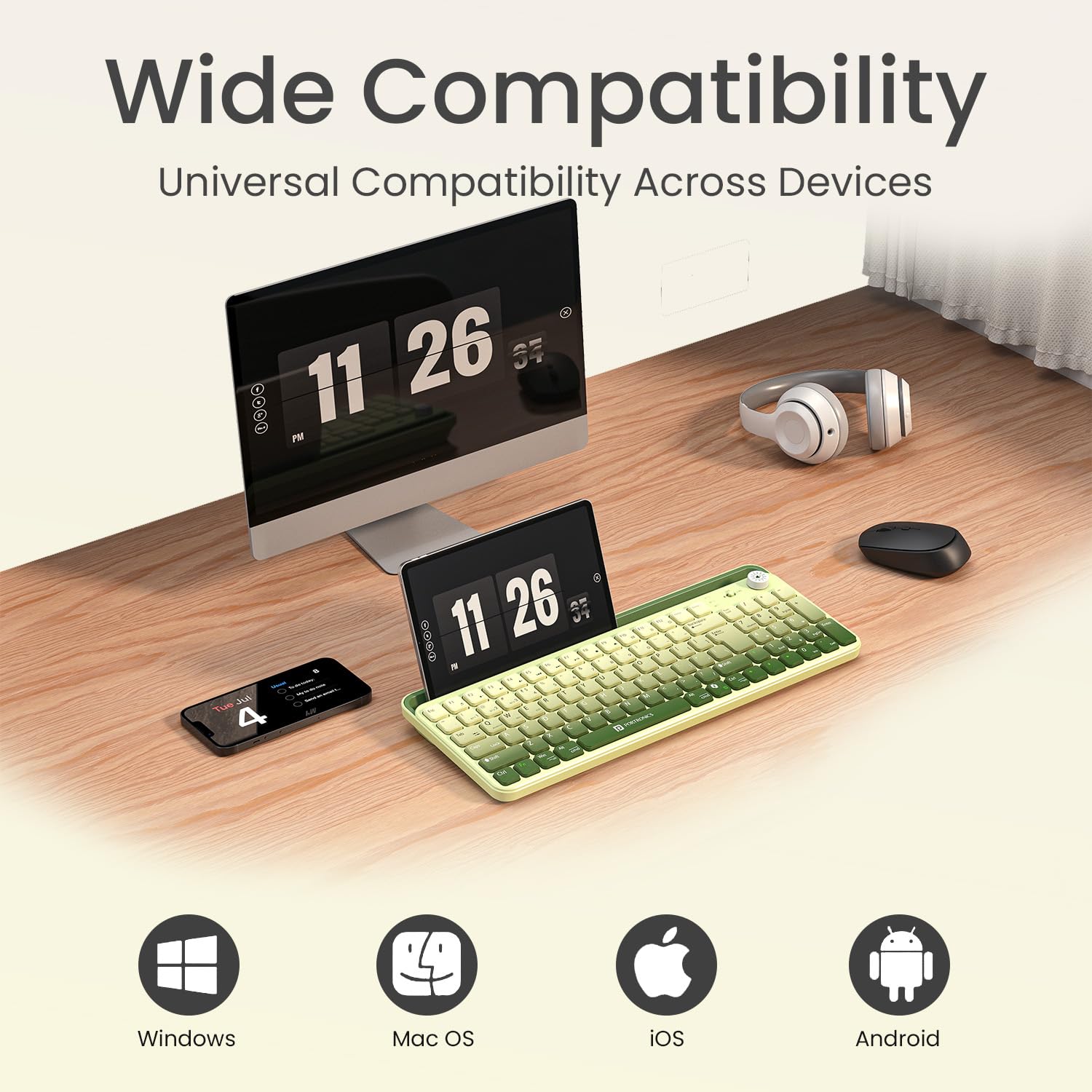 Portronics Bubble 4.0 Wireless Keyboard with Bluetooth + 2.4 GHz USB Receiver, Rechargeable Battery, Volume Control Knob, Multimedia Hotkeys with Numpad, for Laptop, PC, Smartphone, Tablet(Green)