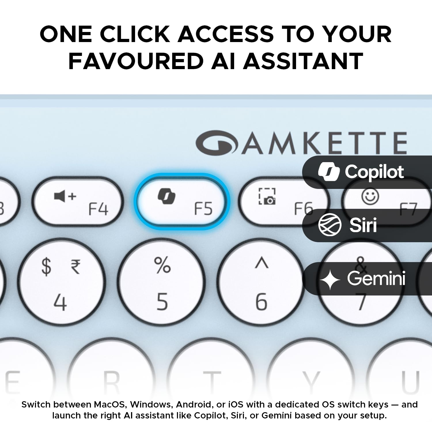 Amkette New and Improved Optimus BT 4 in 1 Multi Device Wireless Keyboard/Bluetooth Keyboard | One Click Device Switching and AI Access for Windows, MacOs, Android and iOS, Dual OS Layout (Blue)