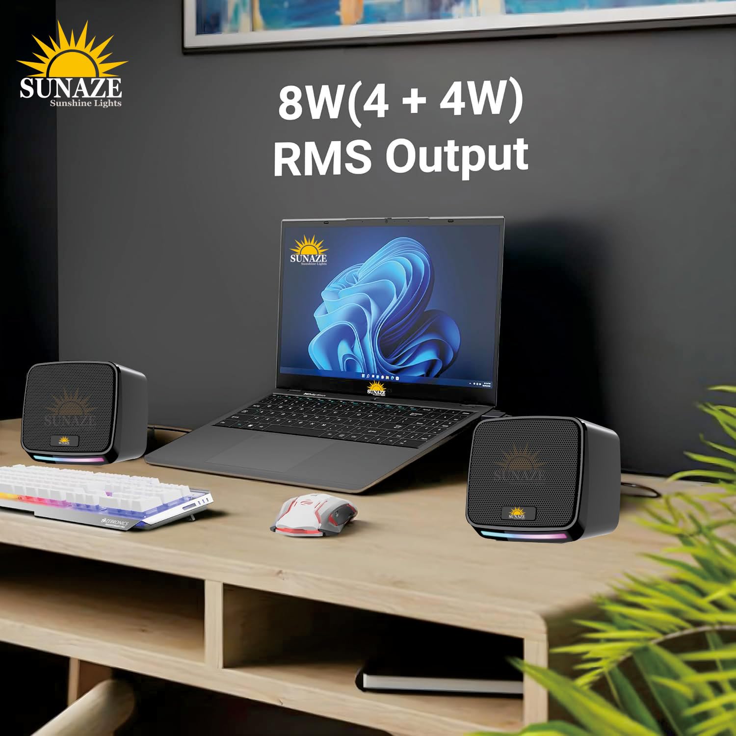 Sunaze USB Powered RGB Stereo Speakers Compact Wired Multimedia Speakers with Clear Sound & LED Base Glow Desktop Speakers for PC, Laptop & Mobile
