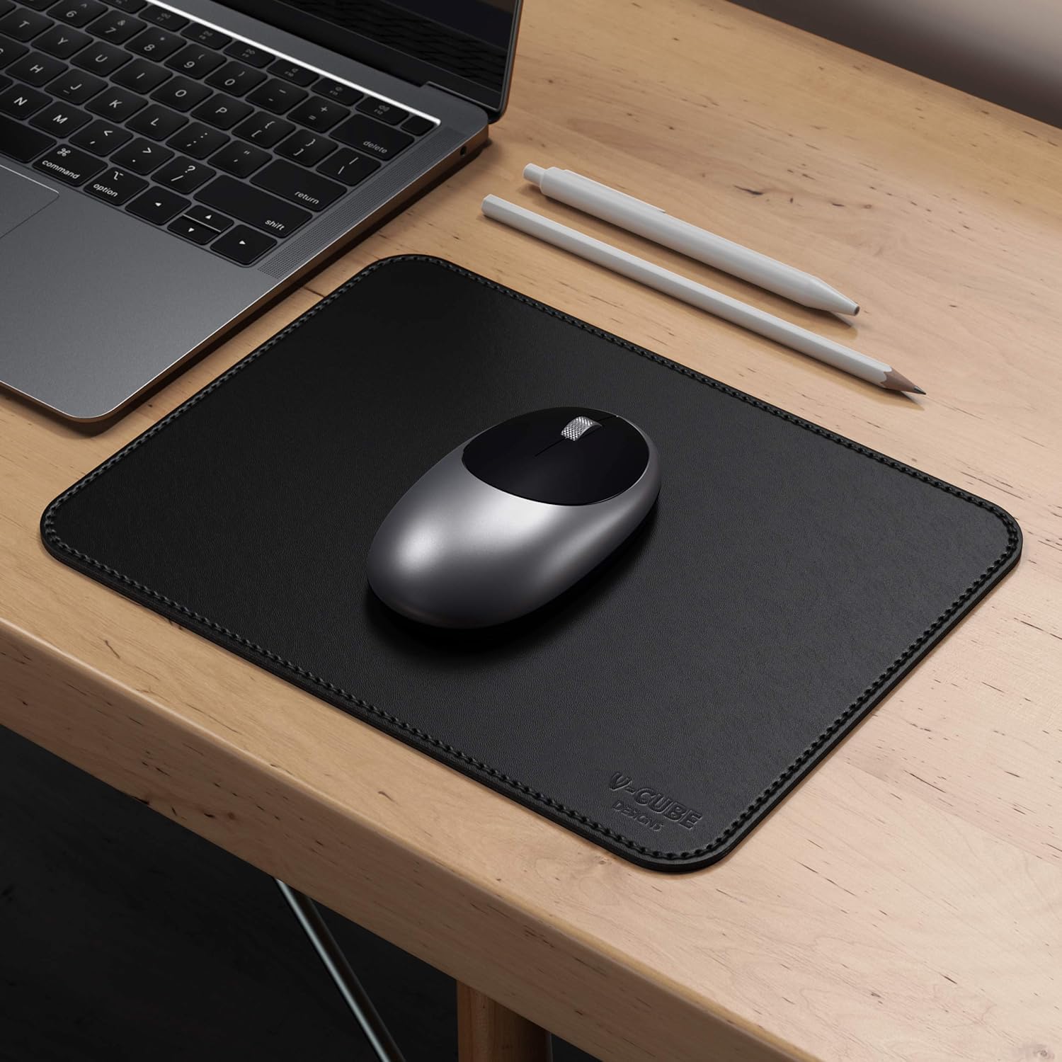 V-CUBE Designs Premium Vegan Leather Mouse Pad |32X27cm| 2.4mm Thick(Padded)|Stitched, Reversible use, Splash-Proof, Anti-Skid for Gaming, Computer, Laptop, Home&Office in a Fresh Modern Design| Black