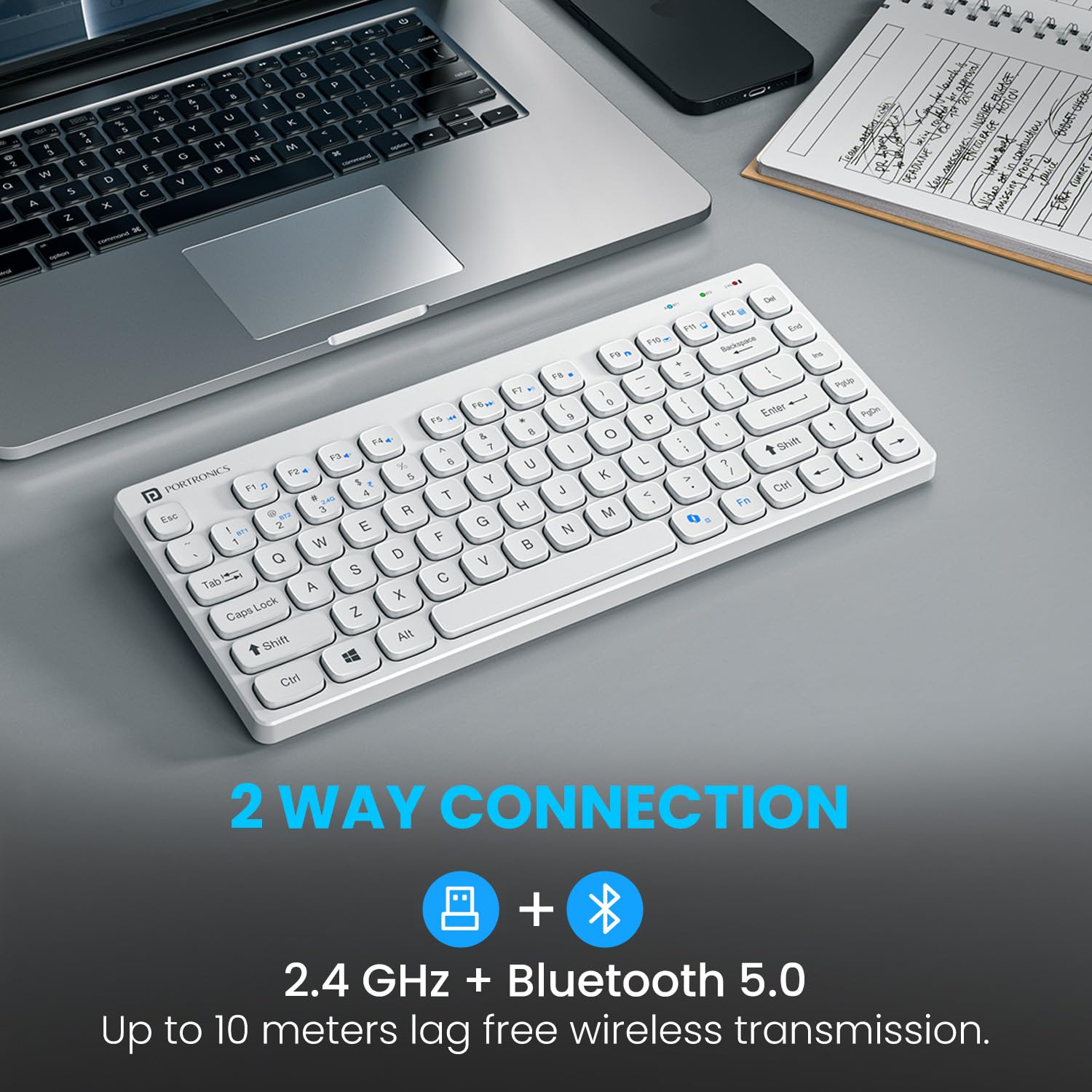 Portronics Bubble Multimedia Wireless Keyboard 2.4 GHz & Bluetooth 5.0 Connectivity, Noiseless Experience, Compact Size for iOS iPad Air, Pro, Mini, Android, Windows Tablets PC Smartphone(White)