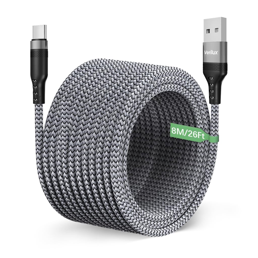 Verilux® 8M/26Ft Type C Cable, 10W USB A to USB C Charging Cable, Ultra Long Type C Charging Cable Compatible with iPhone 17/16/15 Series, Galaxy S25/S24, MacBook, iPad, More C Type Devices, Grey