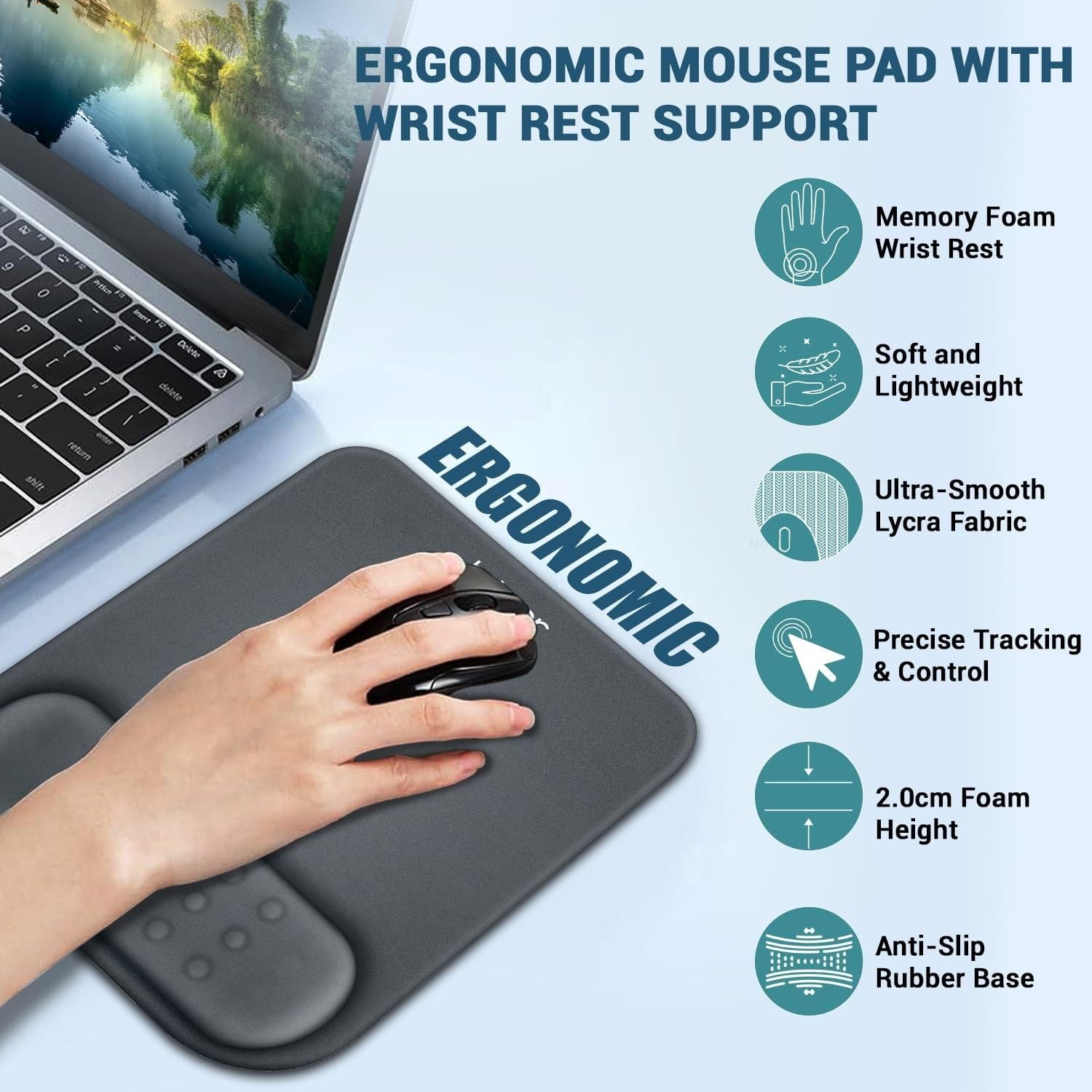 Tukzer Gel Mouse Pad Wrist Rest Memory-Foam Ergonomic Mousepad| Cushion Wrist Support & Pain Relief| Suitable for Gaming, Computer, Laptop, Home & Office Non-Slip Rubber Base (Grey)